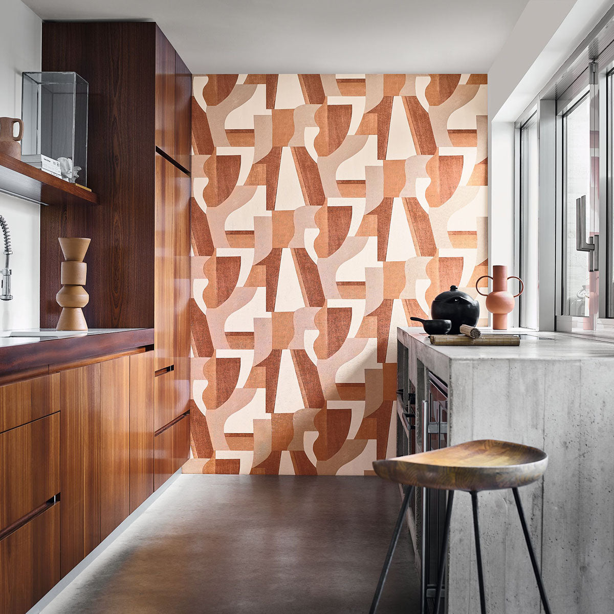 Structural wallpaper with a geometric pattern GINO - TERRE DE SIENNE orange with pink