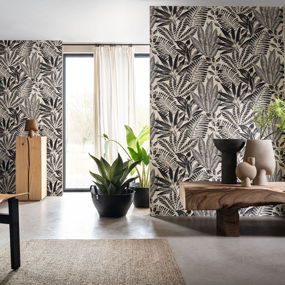 Structural wallpaper imitating canvas with a plant motif ALOES - VERT IMPERIAL/GREGE green with beige