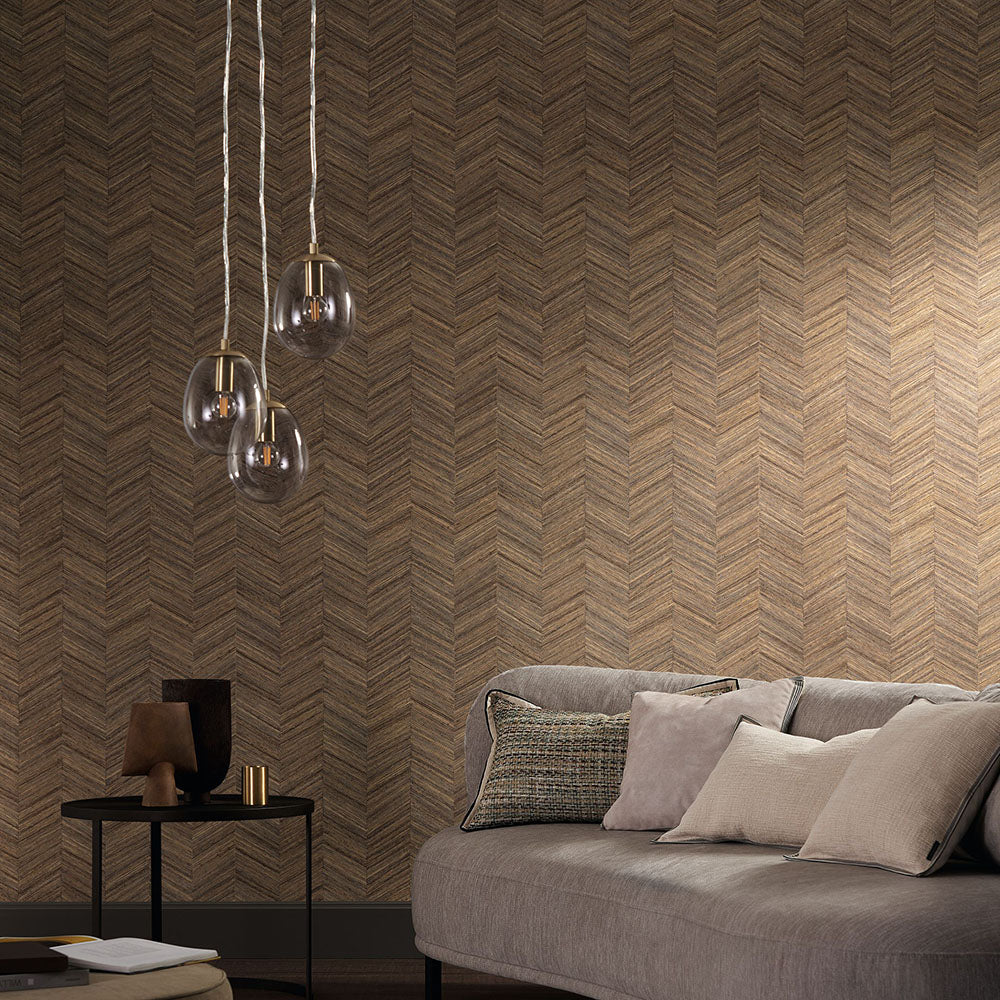 Geometric structural wallpaper imitating wood with a herringbone pattern OCOTEA - ORAGE dark gray