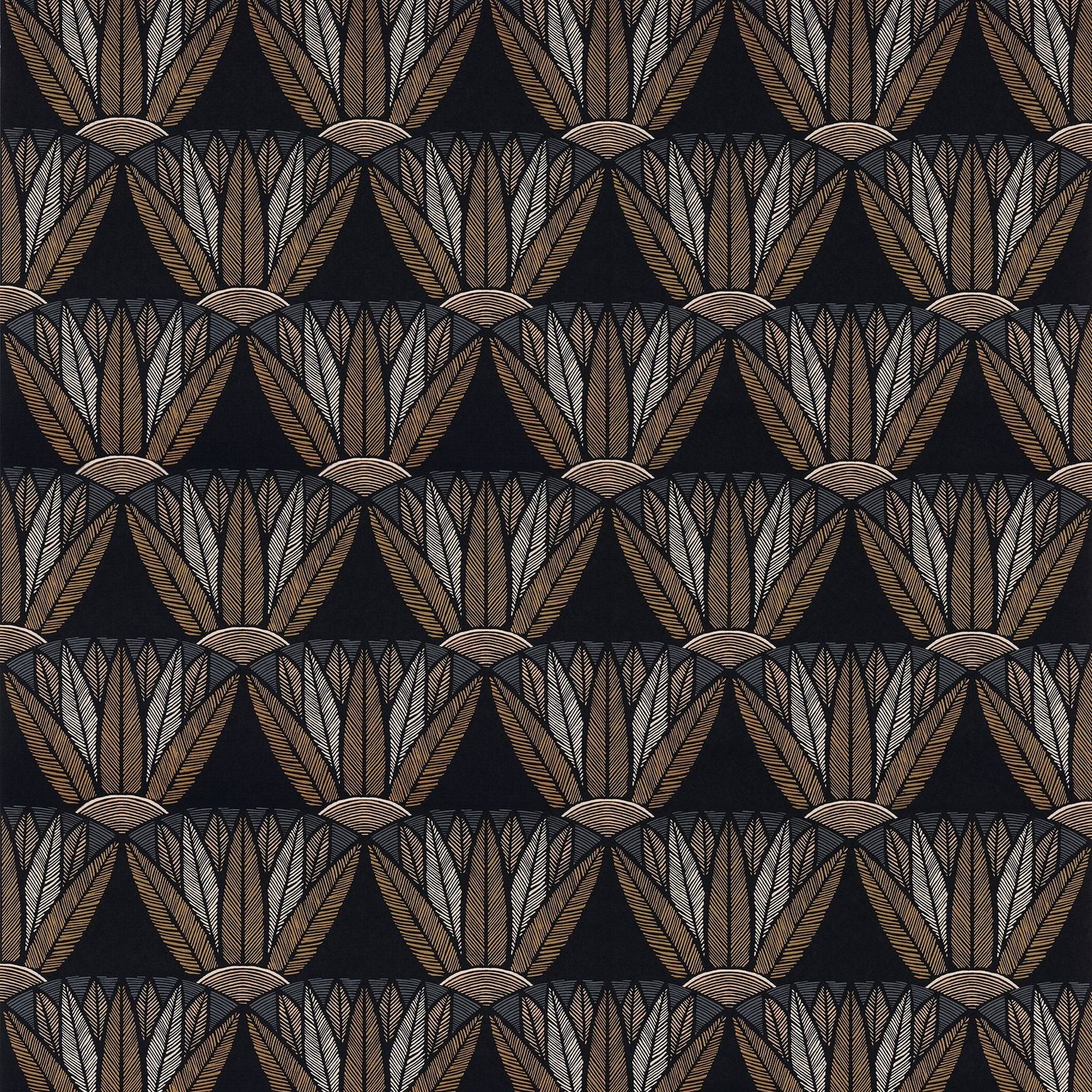 CASTALIA Lotus Flower Plant Motif Wallpaper - NOIR/MORDORE Black with Brown