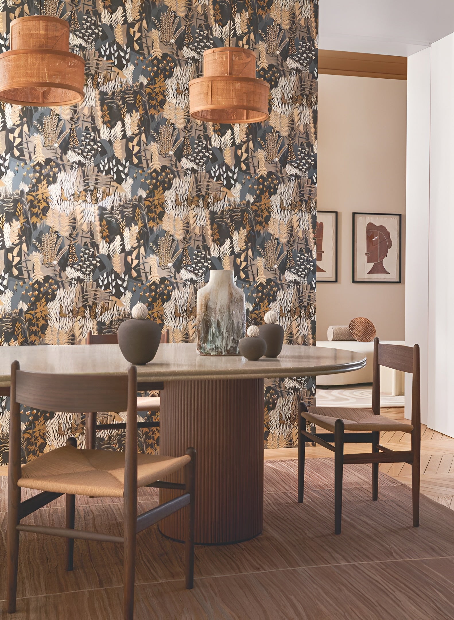 Non-woven wallpaper with a plant motif ERICA - MARINE/DARK GREEN