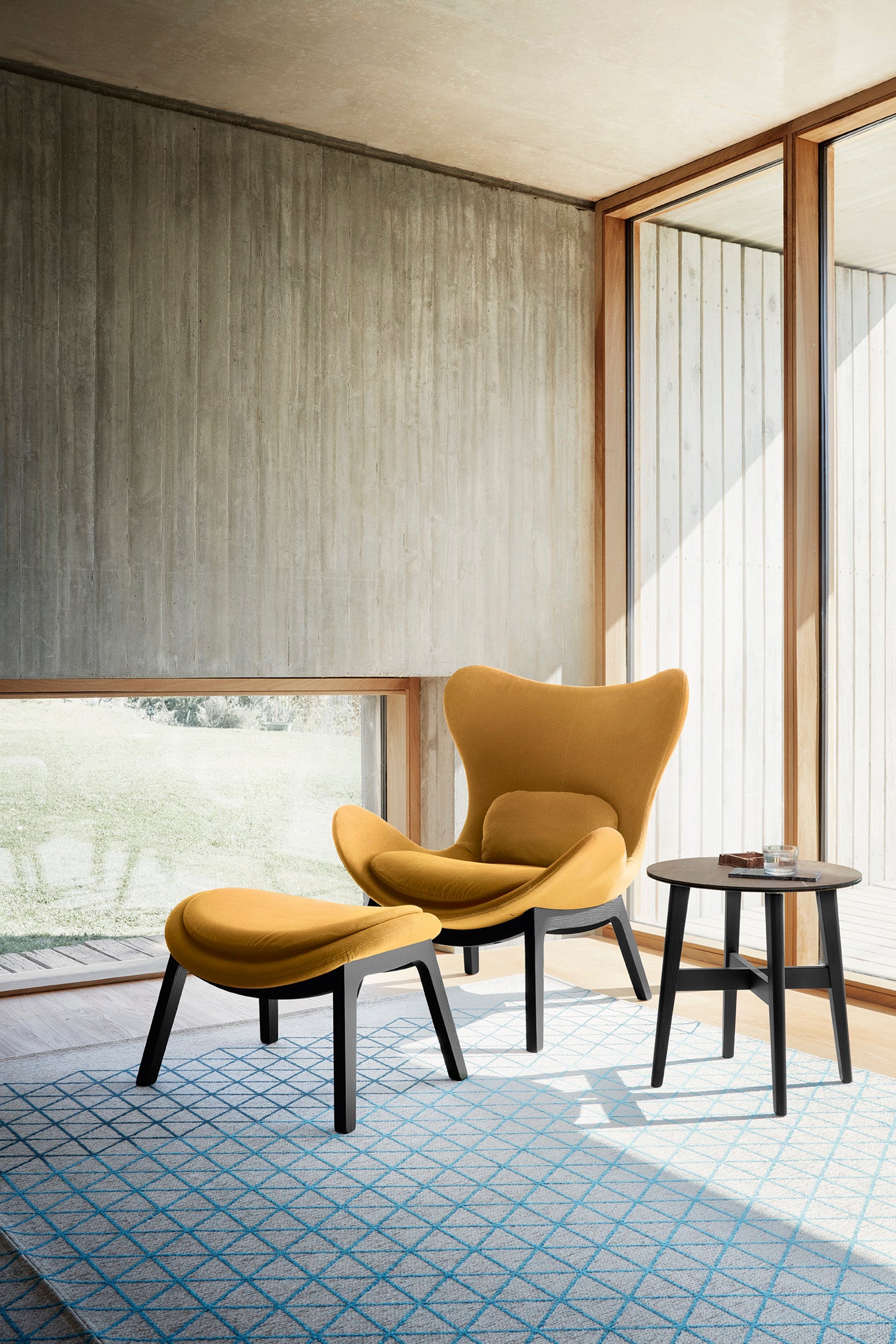 Upholstered LAZY Footrest with Dark Wooden Base