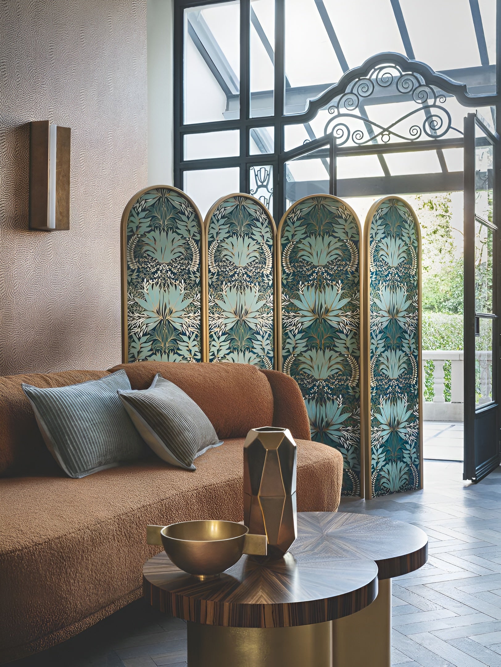 Chardon Wallpaper with Plant Motif - Blue with Celadon Green