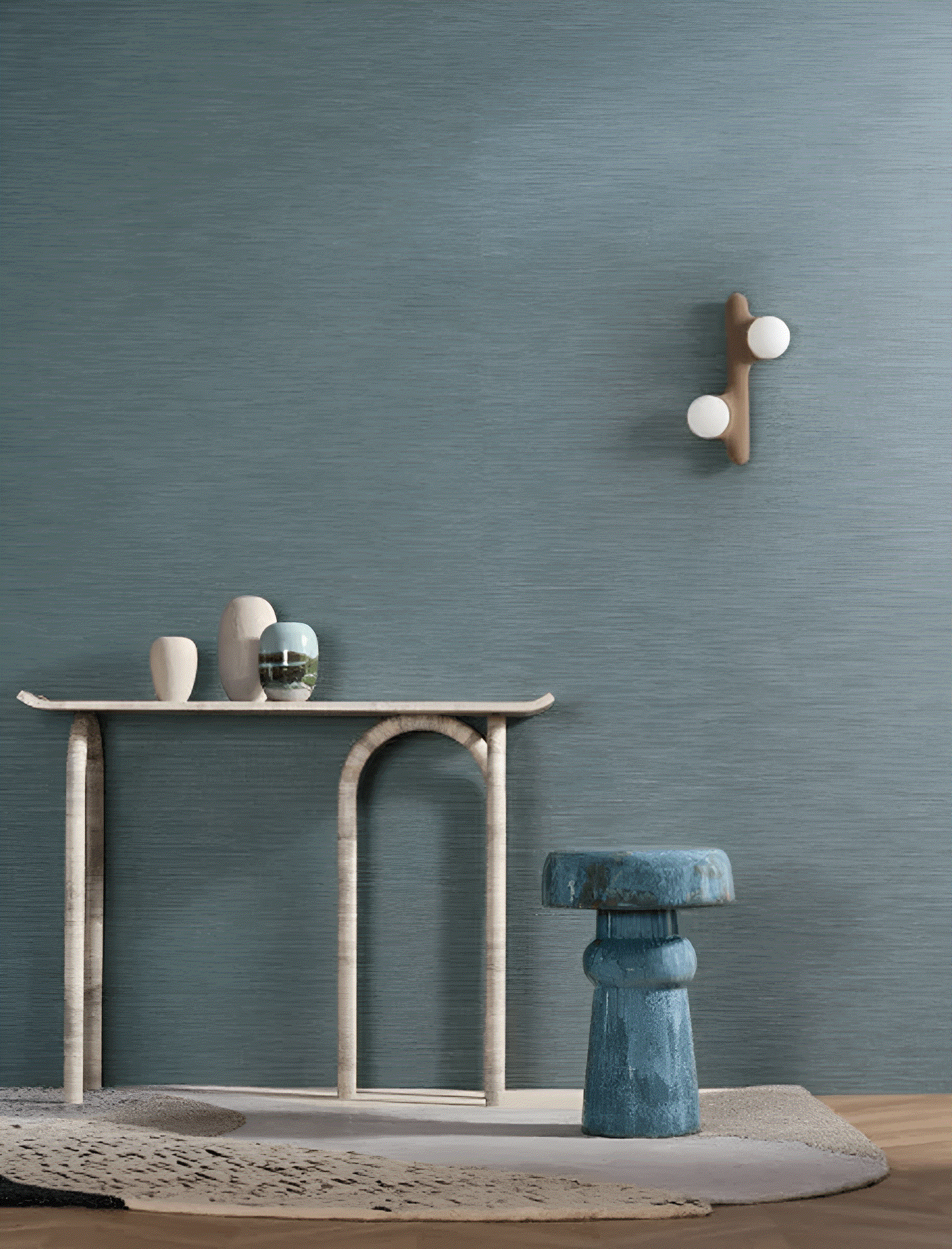 Textile wallpaper with a structural canvas imitation VENIZIA - PIERRE BLEUE blue with gray