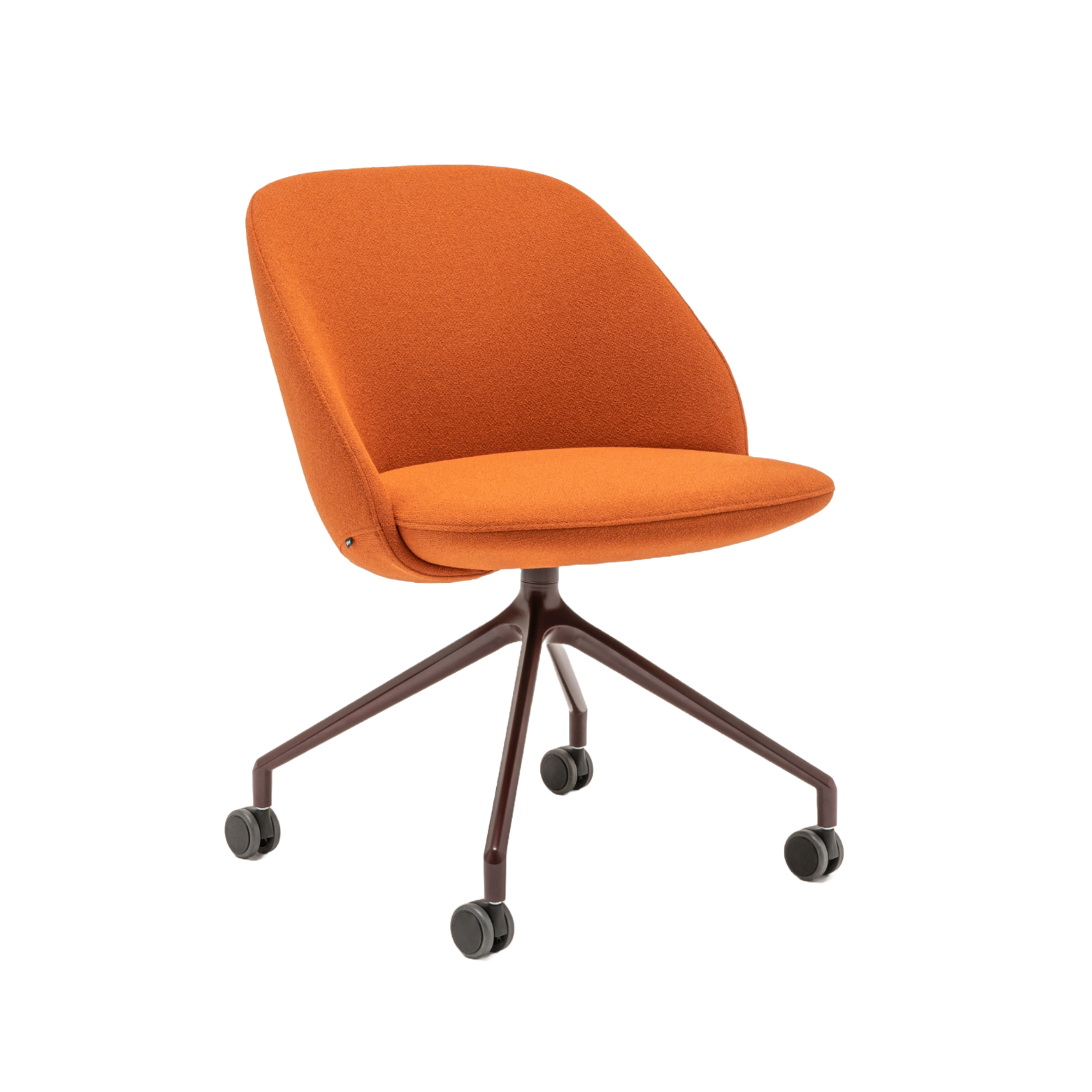 Swivel armchair with low back, a metal parallel base with wheels to a hard surface