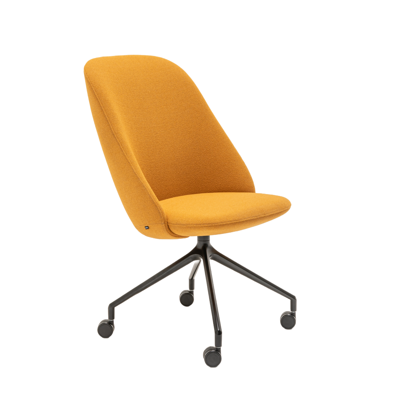 Rotable armchair with a high back parallel metal base with wheels to a hard surface