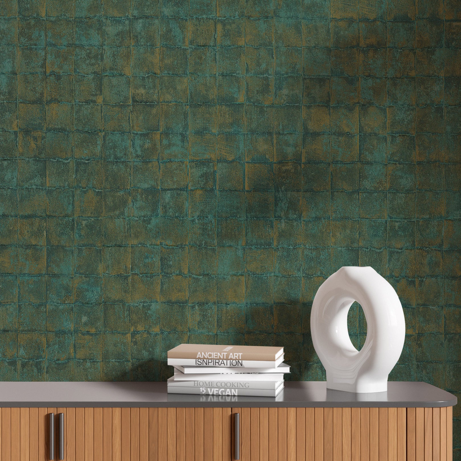 Structural wallpaper resembling tiles FAENZA - EMERAUDE emerald