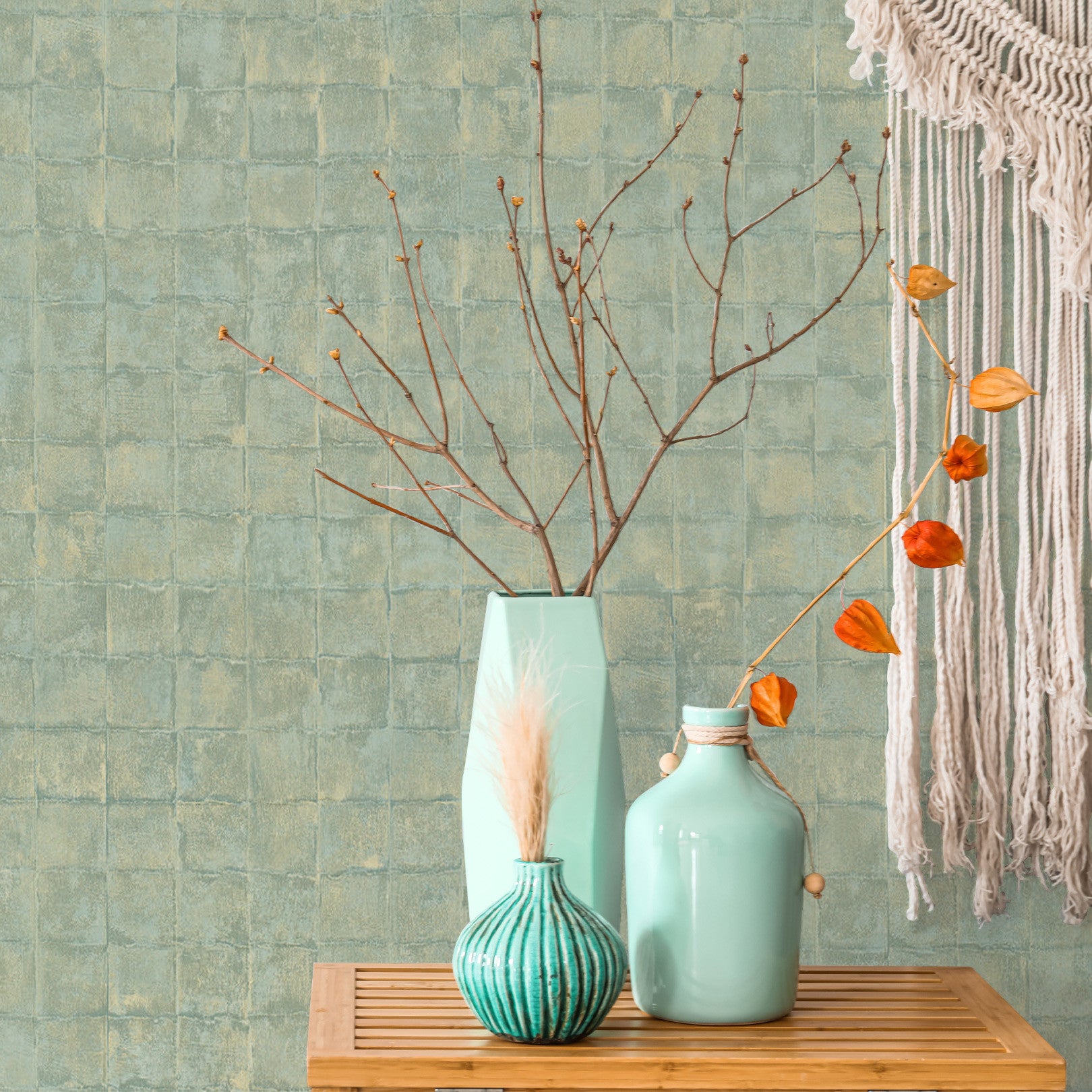 Structural wallpaper imitating tiles FAENZA - CELADON mint green