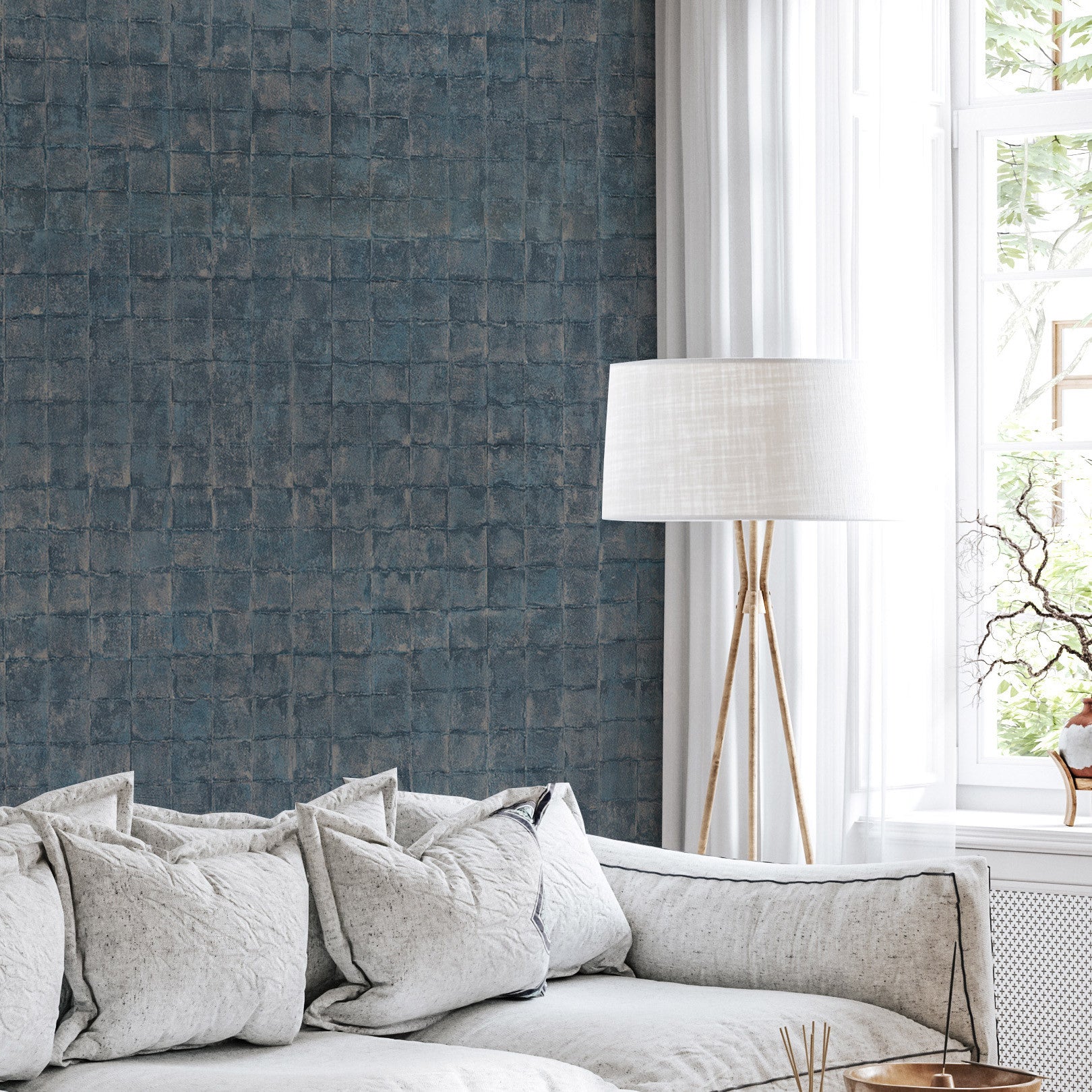Strukturierte Tapete, die Fliesen imitiert FAENZA - ORAGE marineblau