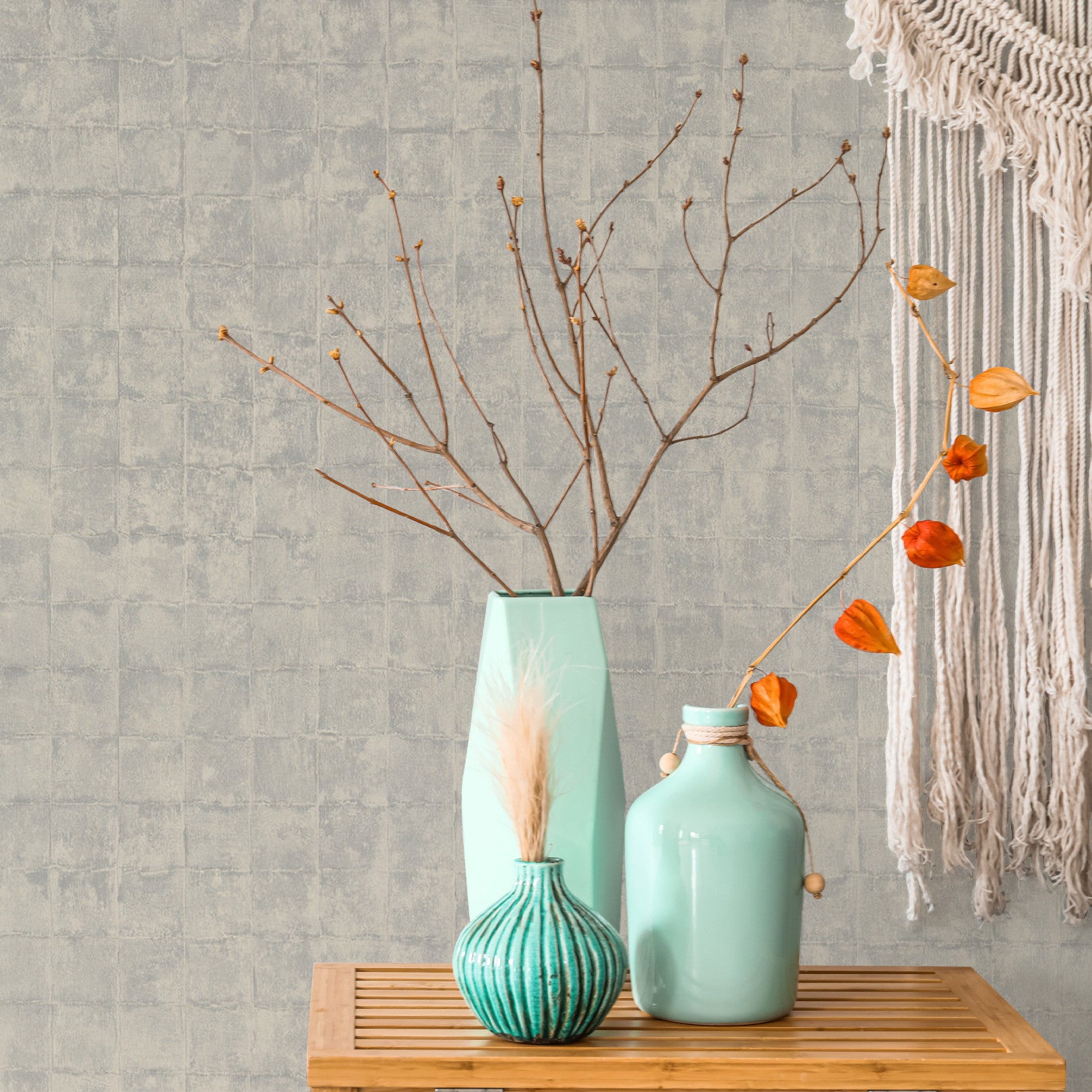 Struktur-Tapete, die Fliesen imitiert FAENZA - GALET grau-beige