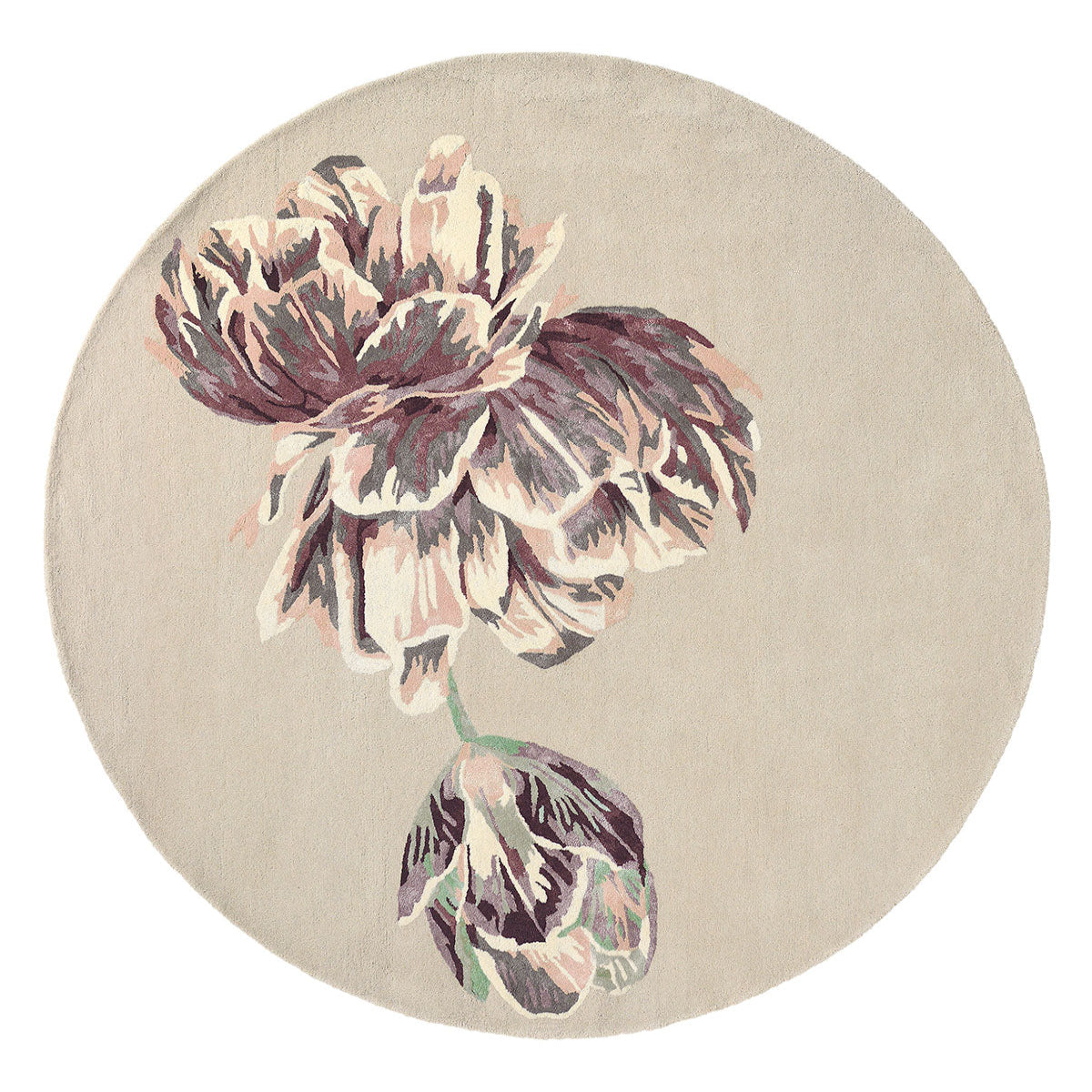 Runder Teppich TRANQUILITY ROUND BEIGE mit lila und beigen Blumen [Monika] [Amelia spr]