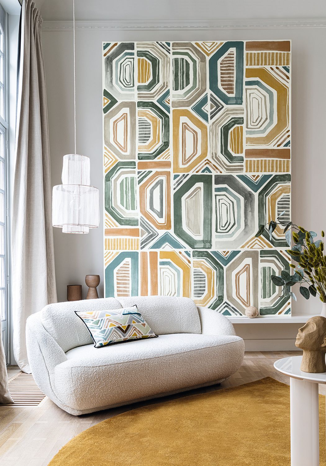 Textilwandbild mit geometrischem Motiv BOGOLAN - BLAU/GRÜN