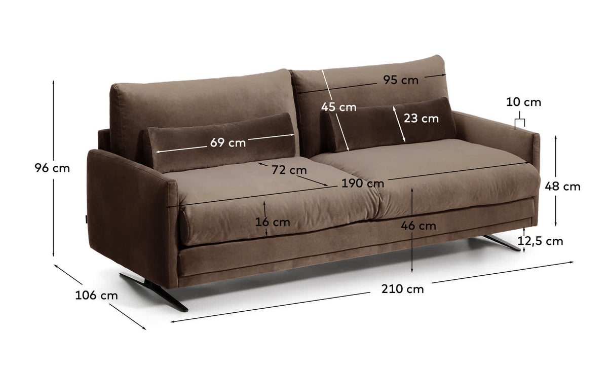 Sofa 3-osobowa VELIRO ciemnobrązowy aksamit z czarnymi metalowymi nogami – wymiary