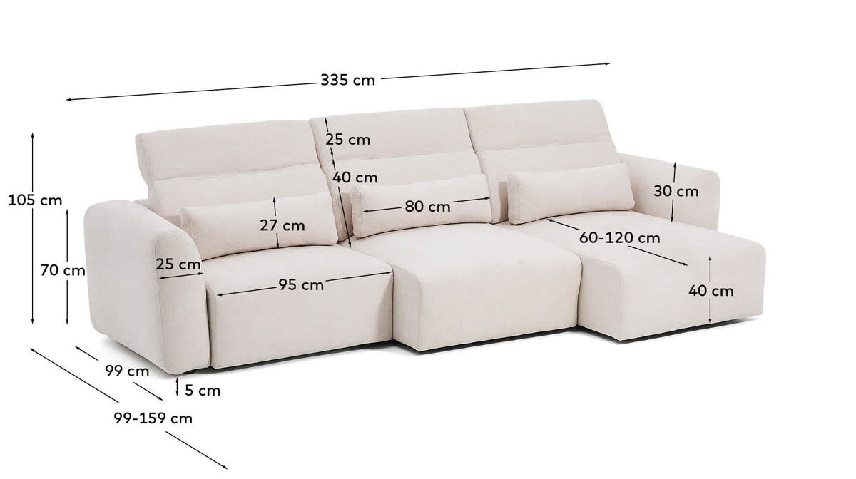 Sofa 5-osobowa z przesuwanymi siedziskami LARES beżowy szenil – wymiary