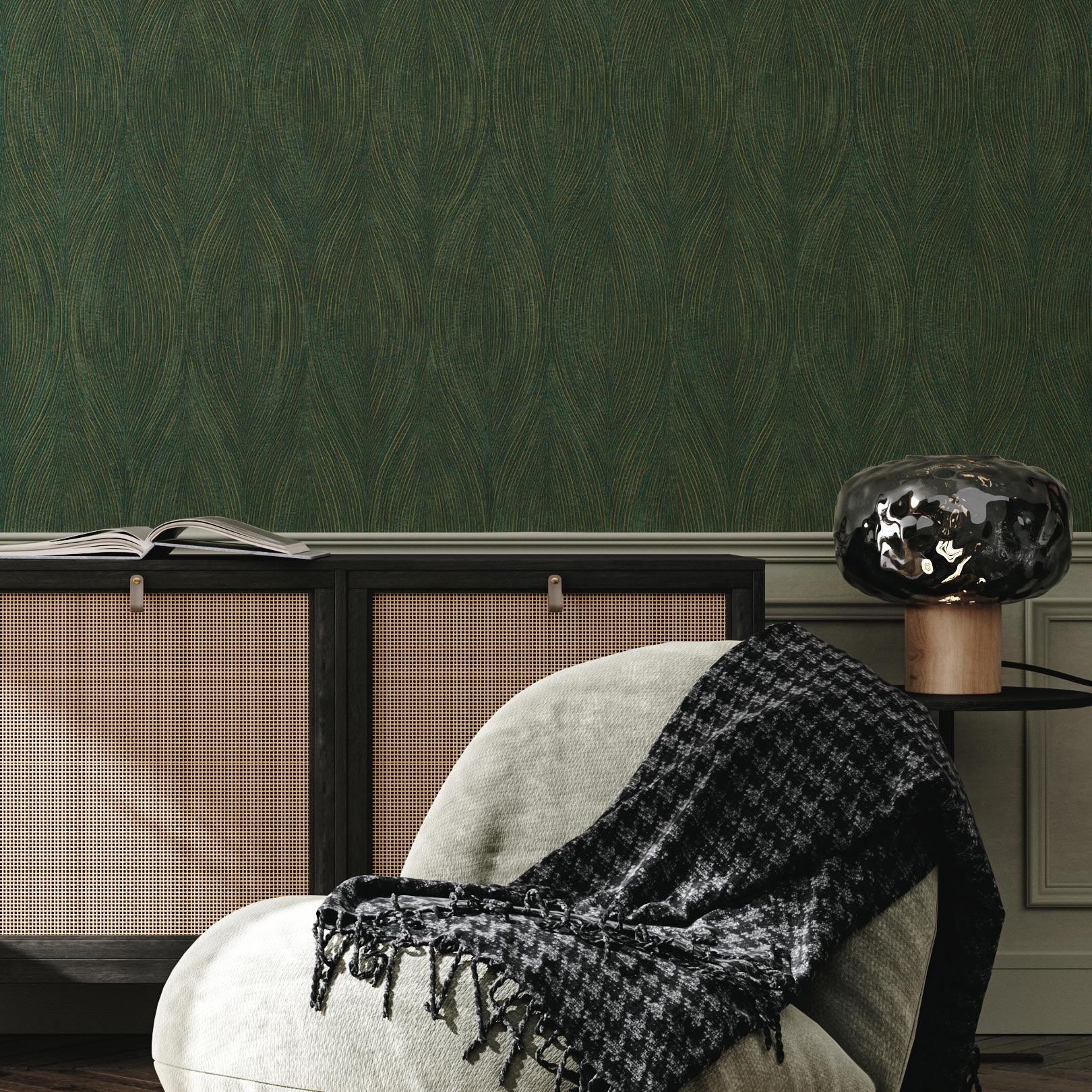 Metallic textured wallpaper with abstract pattern KERAMOS - CYPRÈS/DORÉ green