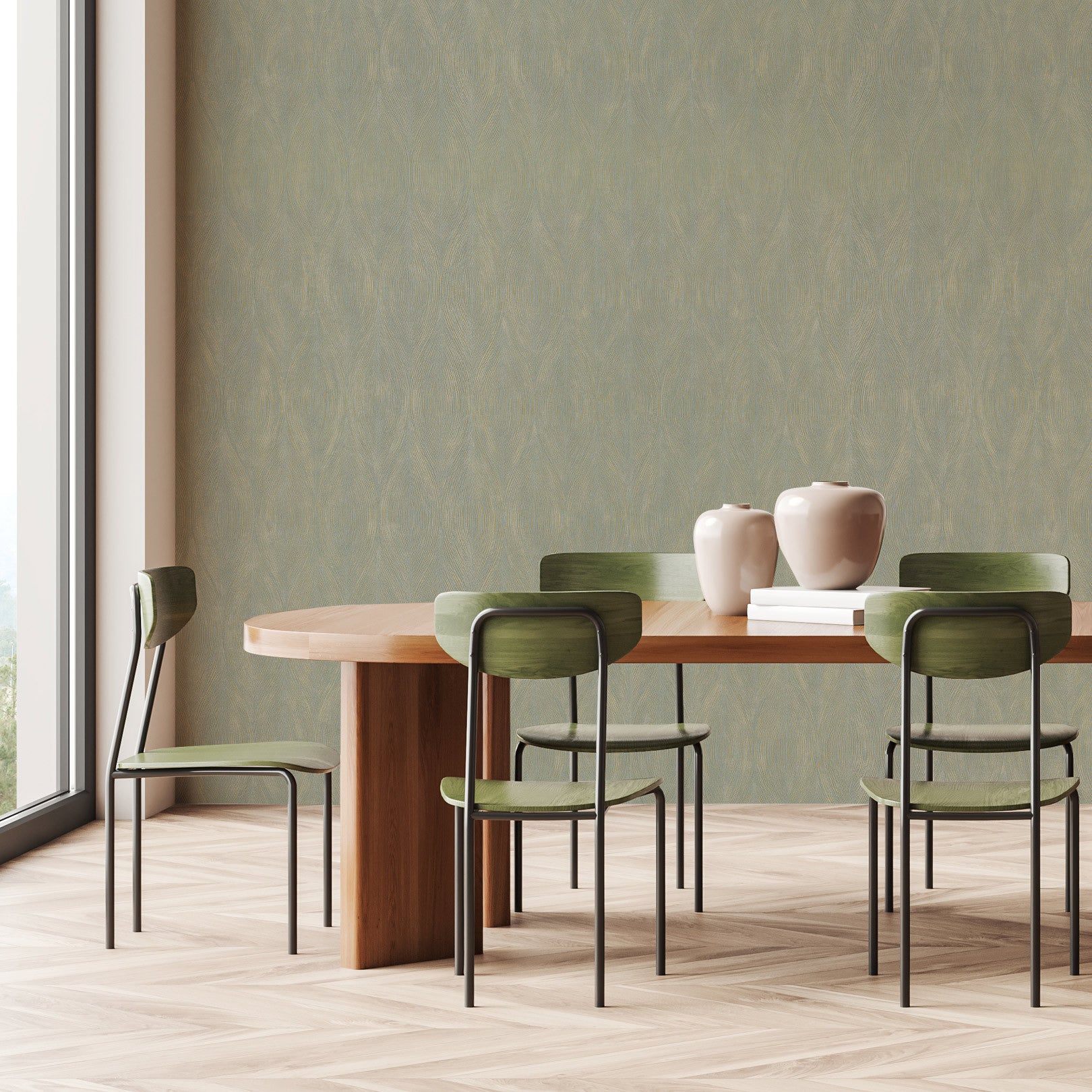 Strukturierte metallische Tapete mit abstraktem Muster KERAMOS - OPALINE/DORÉ gedämpftes Grün