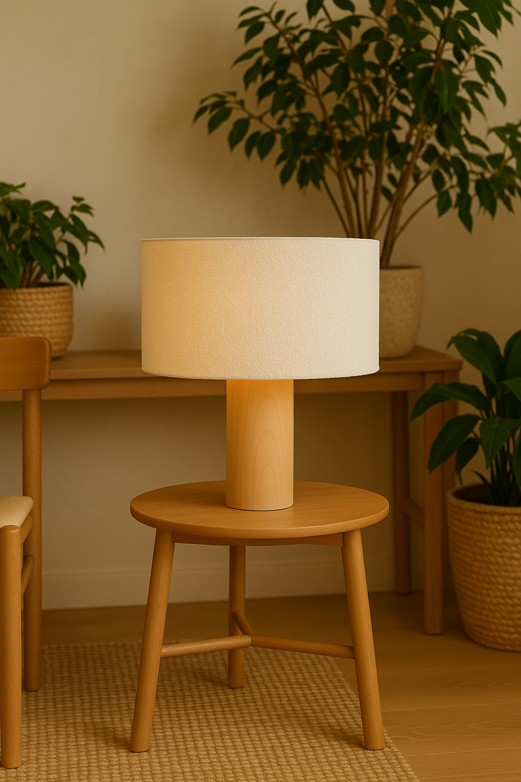 Lampa stołowa ELYN ceramika imitująca drewno z abażurem bouclé