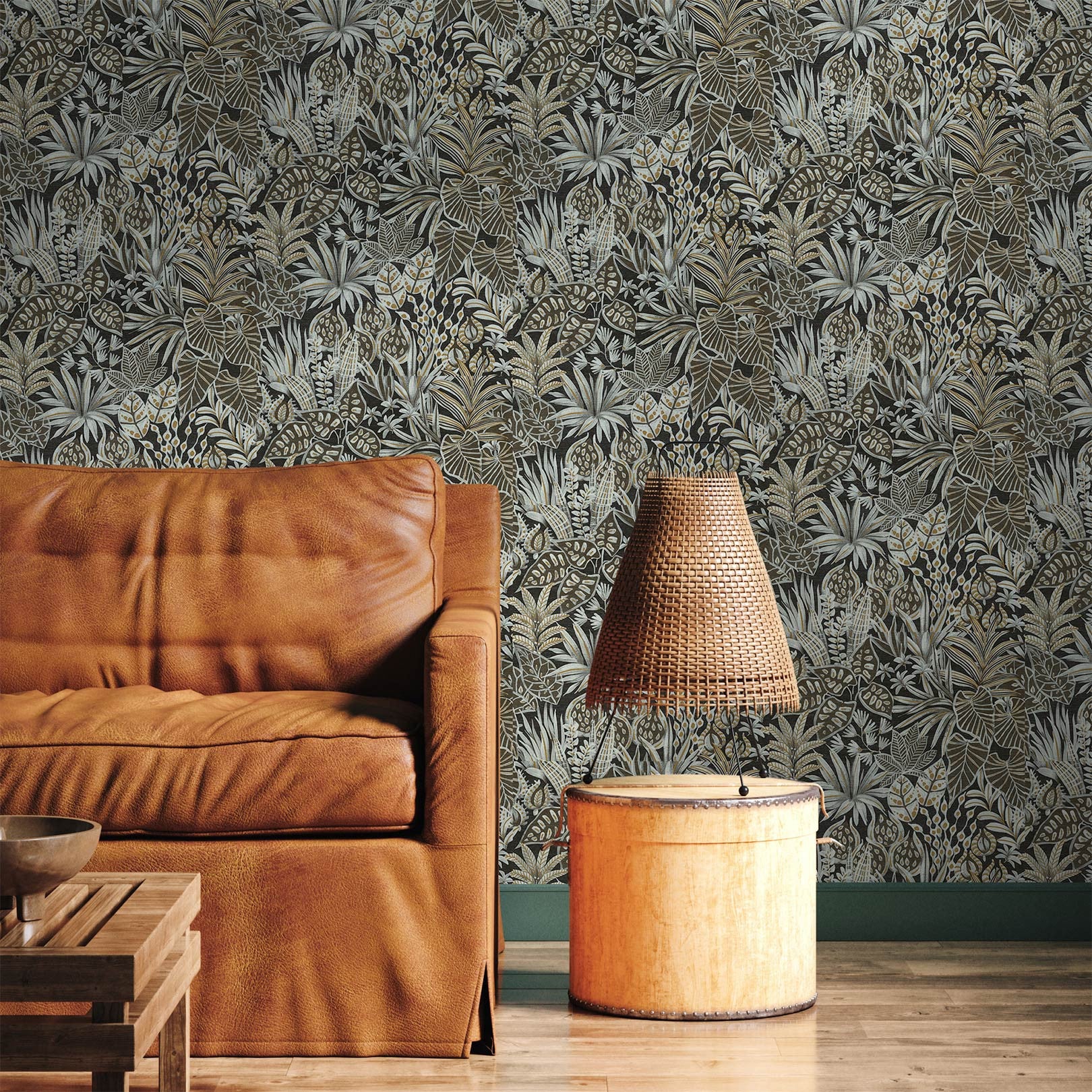 Strukturtapete mit pflanzlichem Blattmotiv MADHUCA - NOIR schwarz mit Gold