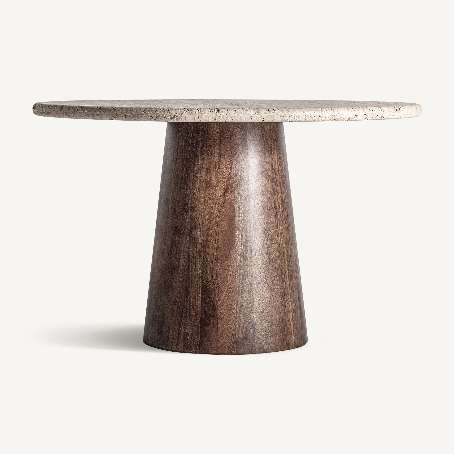 Runder Tisch VARZI mit Travertinplatte und Mango-Holzgestell
