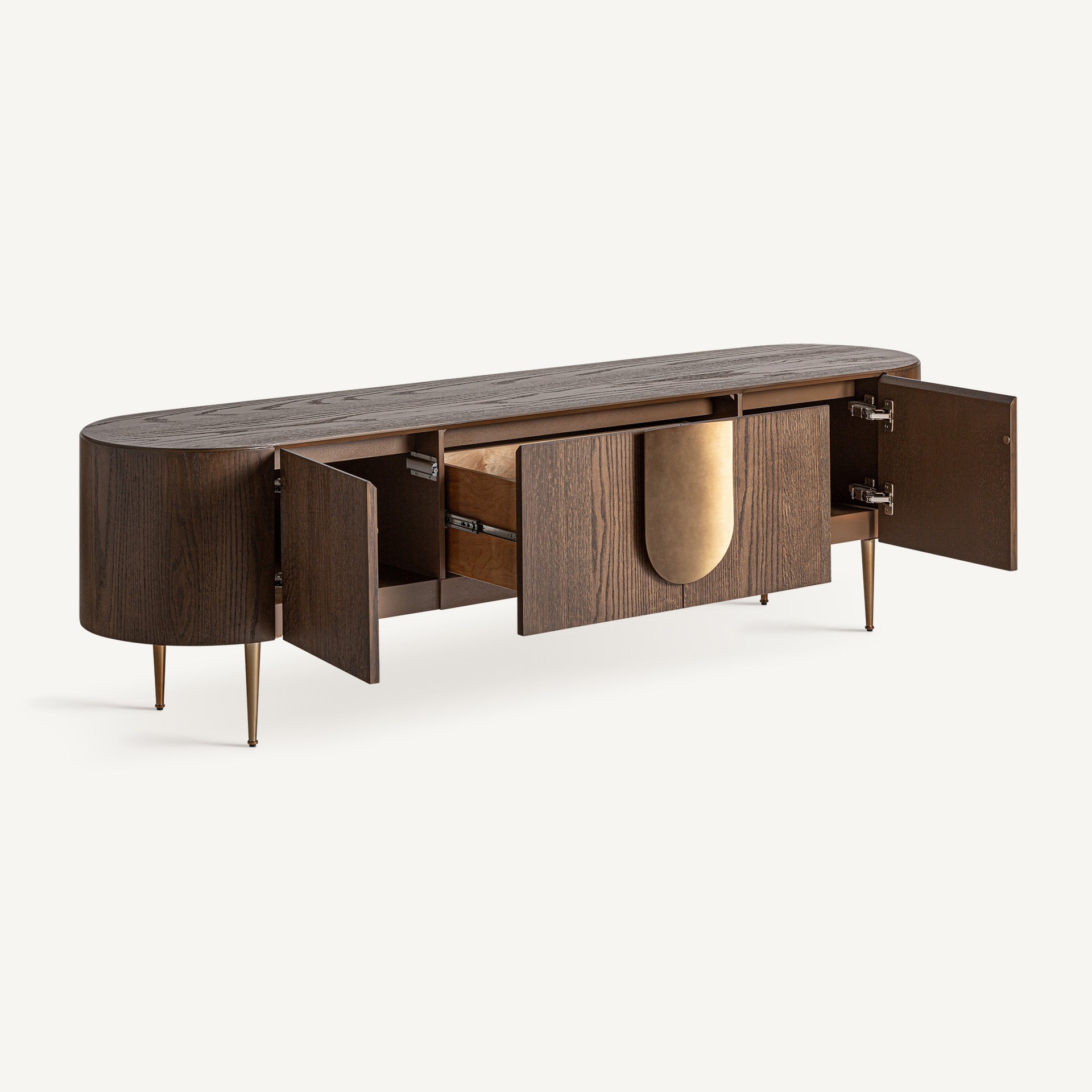 RTV-Sideboard TREIGNAC aus Eichenholz mit goldenem Fuß