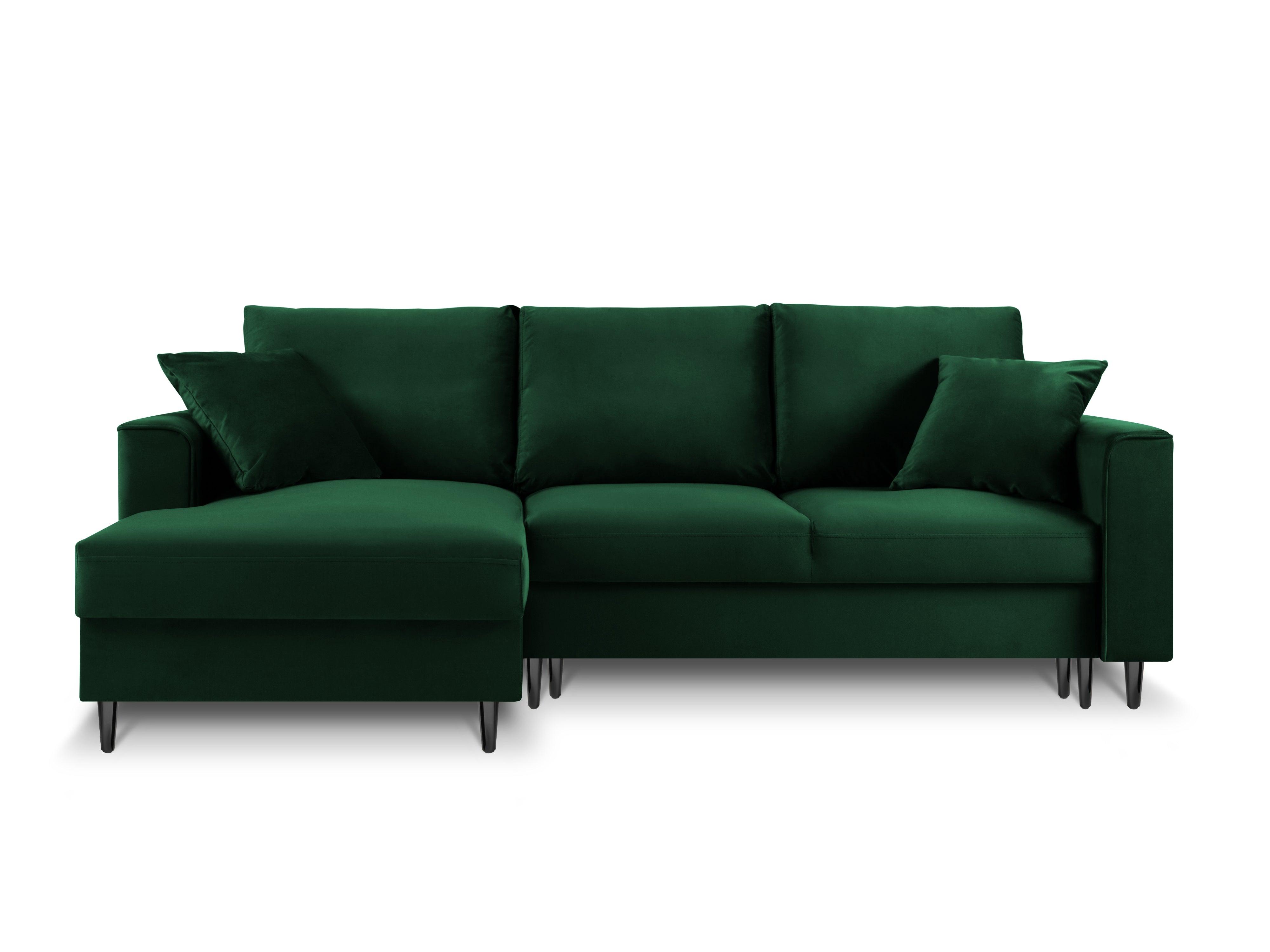 Narożnik lewostronny aksamitny z funkcją spania CARTADERA butelkowa zieleń z czarną podstawą Mazzini Sofas    Eye on Design