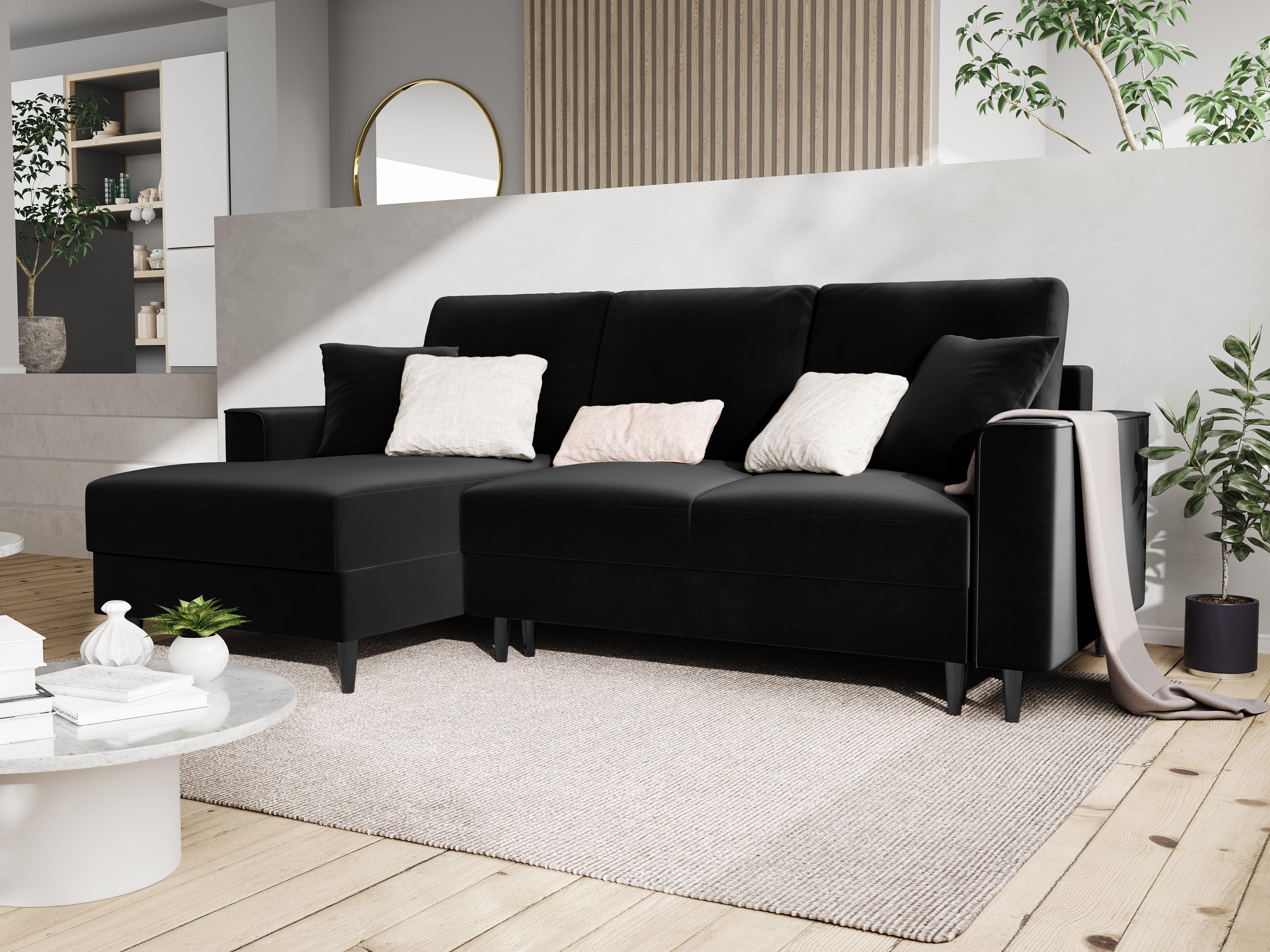 Narożnik lewostronny aksamitny z funkcją spania CARTADERA czarny z czarną podstawą Mazzini Sofas    Eye on Design