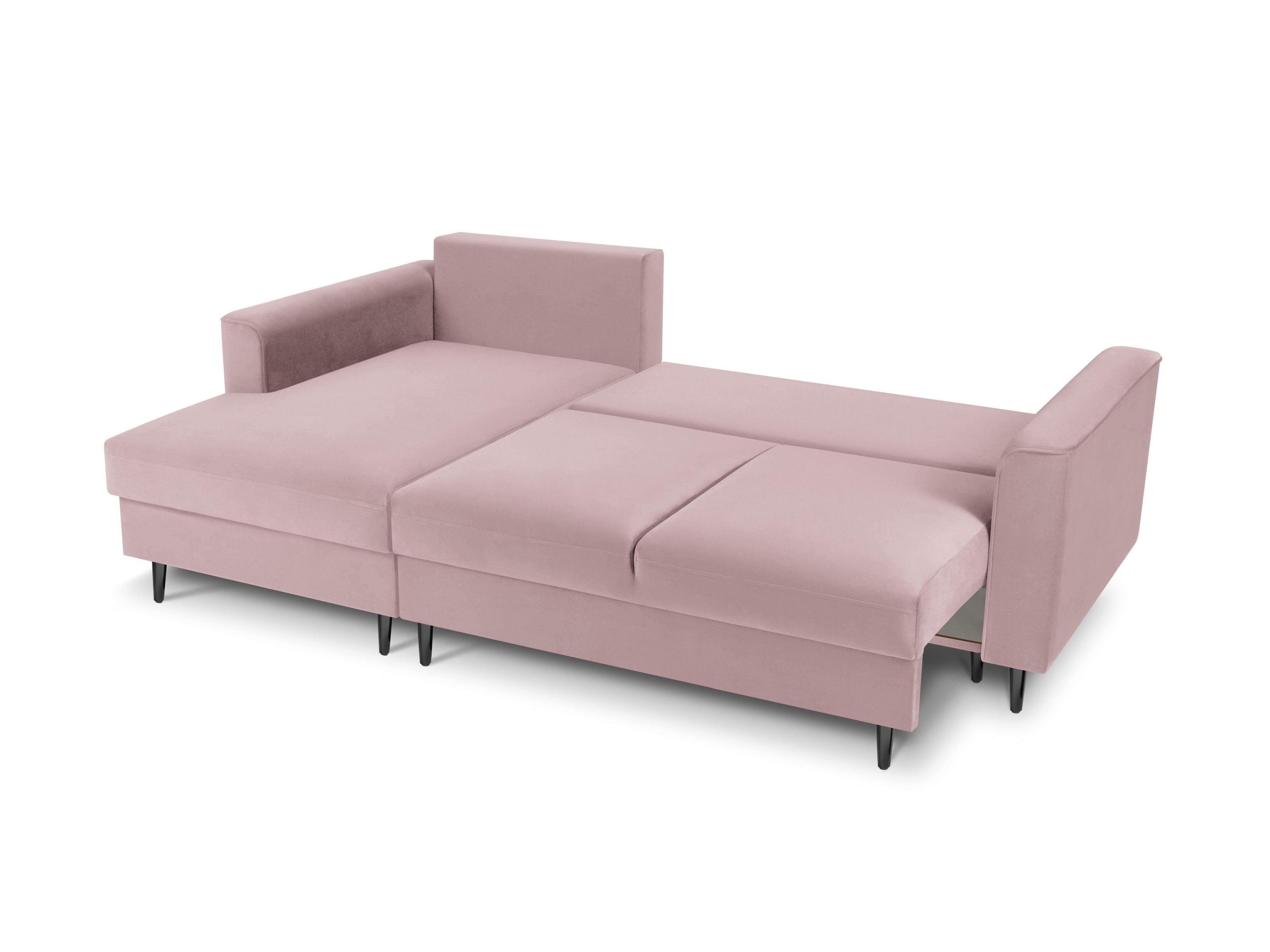 Narożnik lewostronny aksamitny z funkcją spania CARTADERA pudrowy róż z czarną podstawą Mazzini Sofas    Eye on Design