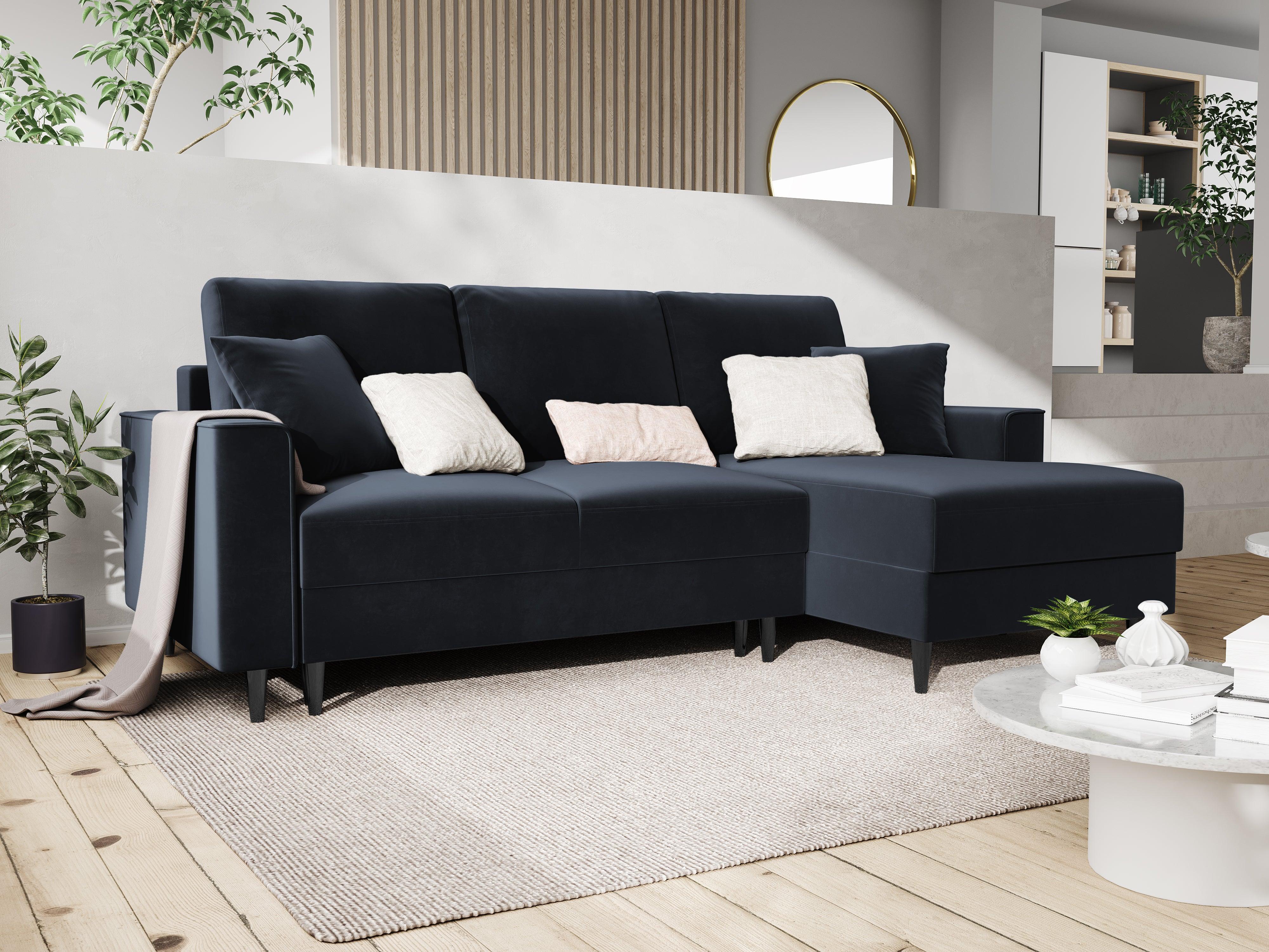 Narożnik prawostronny aksamitny z funkcją spania CARTADERA granatowy z czarną podstawą Mazzini Sofas    Eye on Design