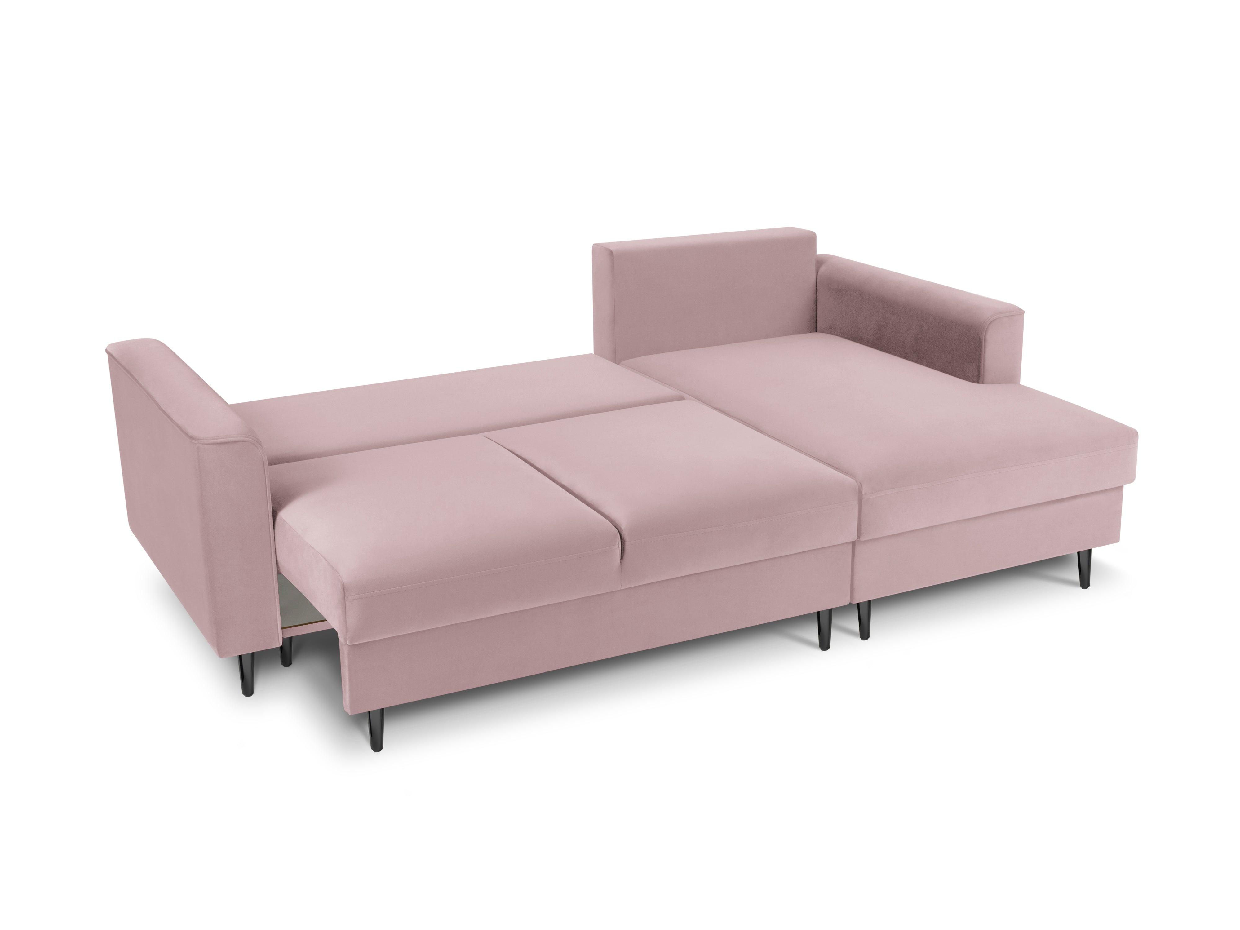 Narożnik prawostronny aksamitny z funkcją spania CARTADERA pudrowy róż z czarną podstawą Mazzini Sofas    Eye on Design