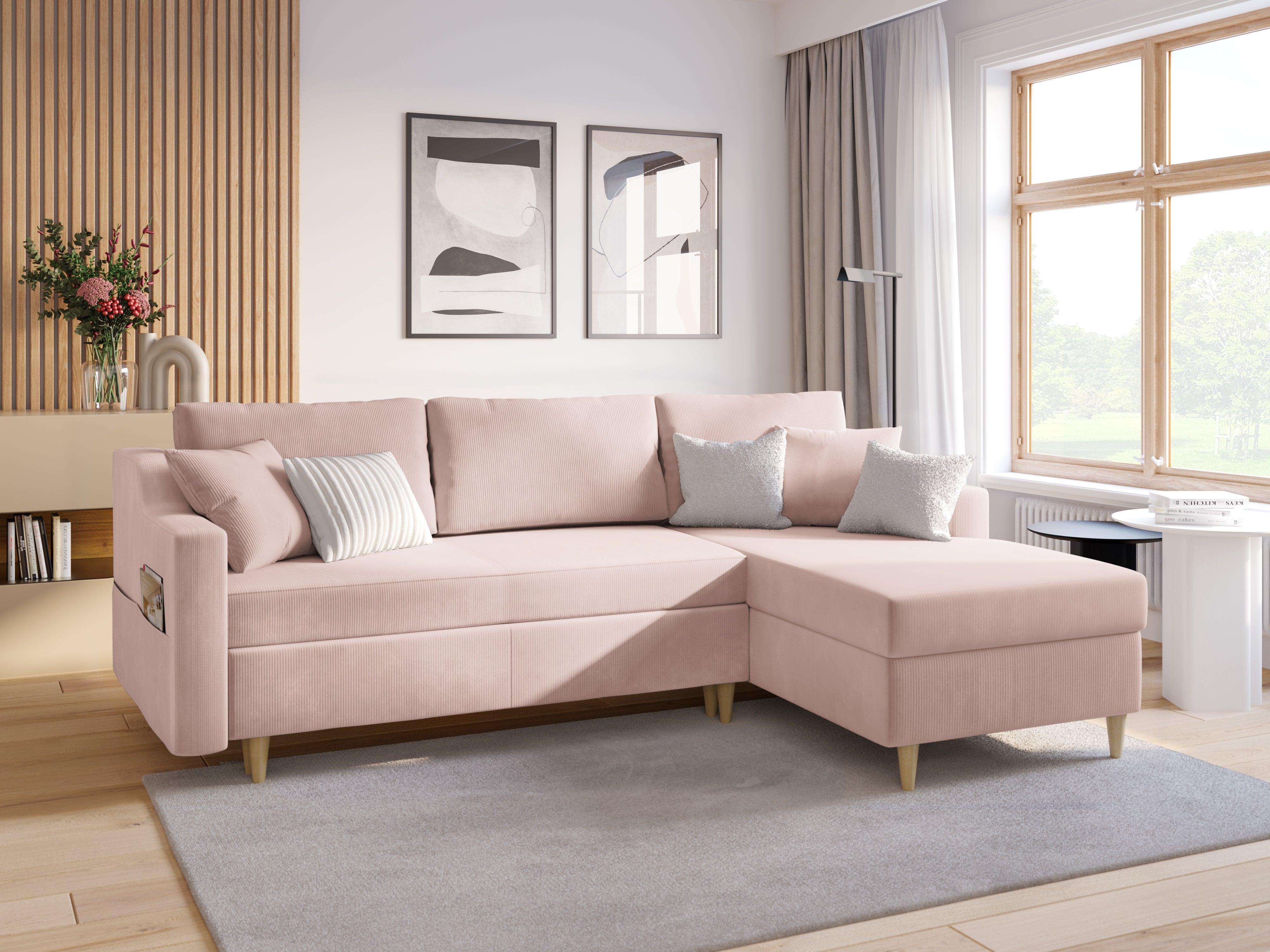 Narożnik prawostronny  sztruksowy z funkcją spania ROSE różowy Mazzini Sofas    Eye on Design