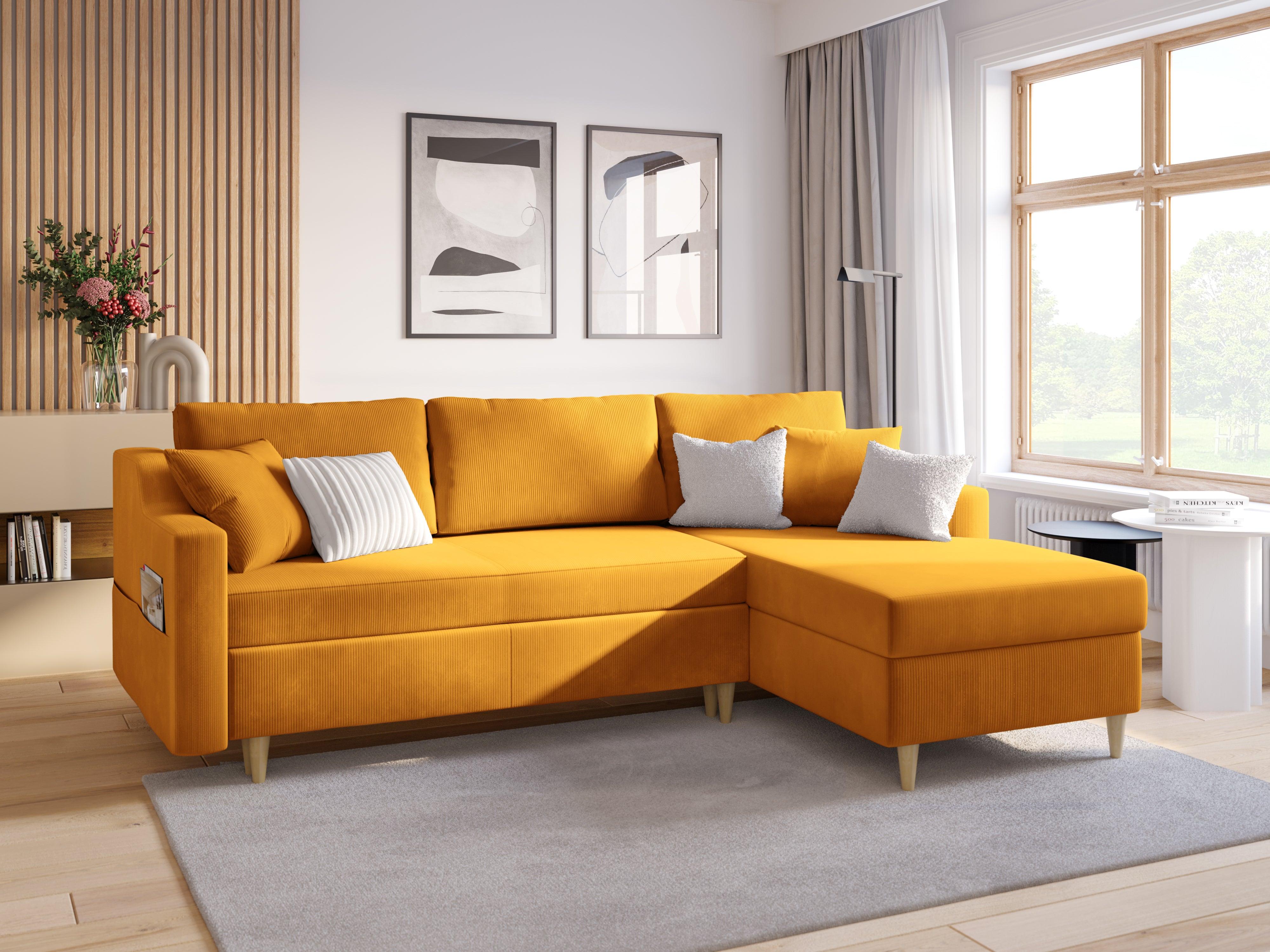 Narożnik prawostronny sztruksowy z funkcją spania ROSE żółty Mazzini Sofas    Eye on Design