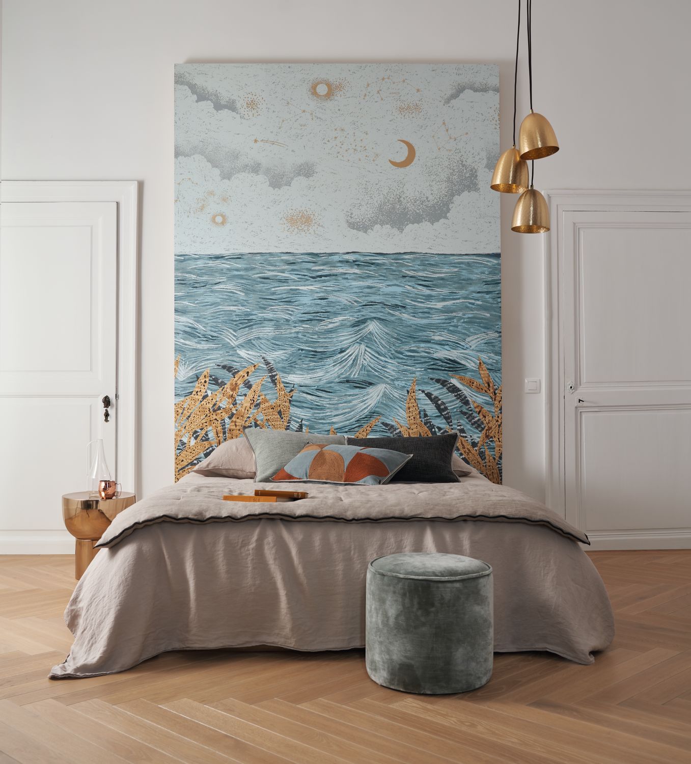 Wandbild mit maritimem Landschaftsmotiv CALLISTO - BLEU CIEL/DORE blau mit beige
