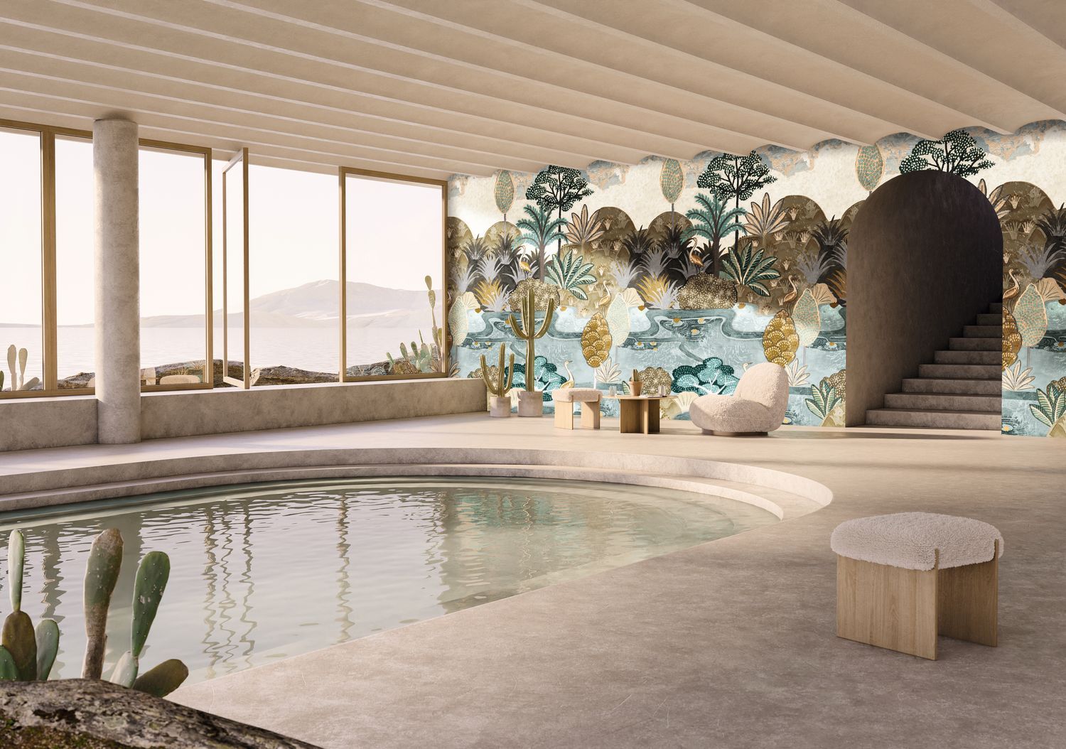 Wandbild mit pflanzlichem und tierischem Motiv von Vögeln ARUBA - CELADON/MORDORÉ seledin mit braunem