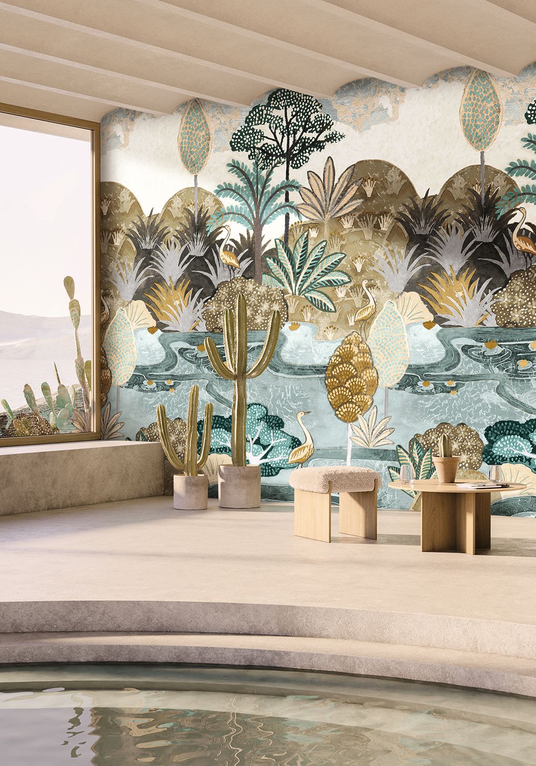Wandbild mit pflanzlichem und tierischem Motiv von Vögeln ARUBA - CELADON/MORDORÉ seledin mit braunem