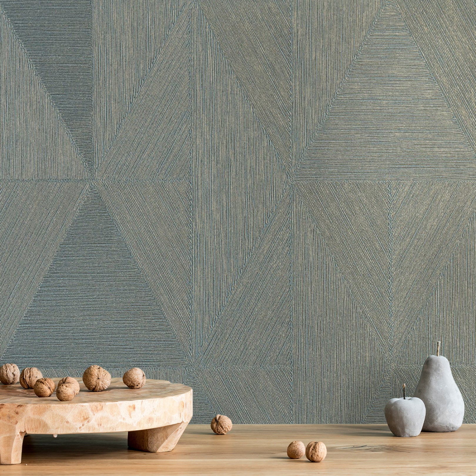 Metallic wallpaper with geometric pattern PARANGON - OPALINE muted green
