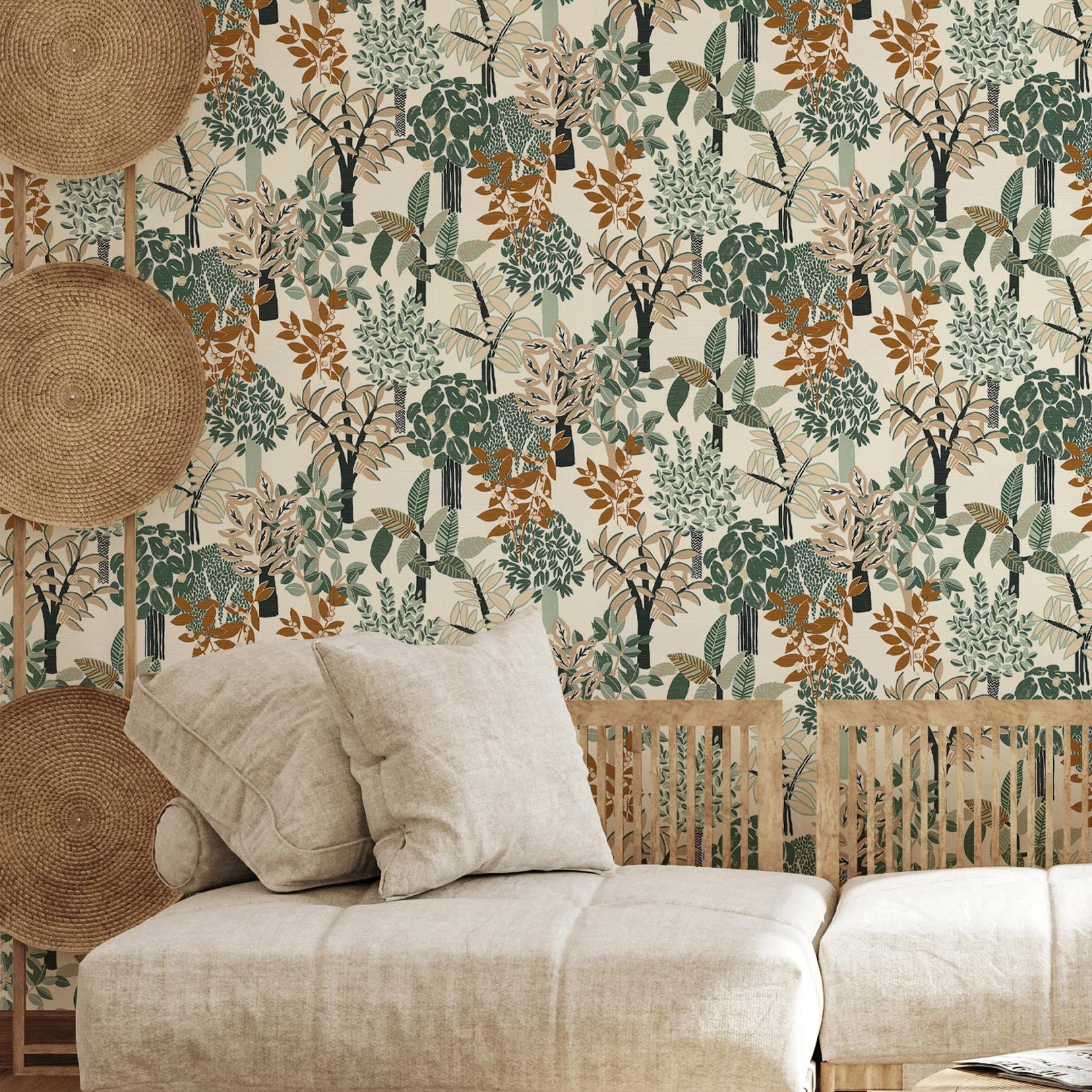 Structural wallpaper with a botanical motif PERADENIYA - WHITE/EMERALD white with emerald