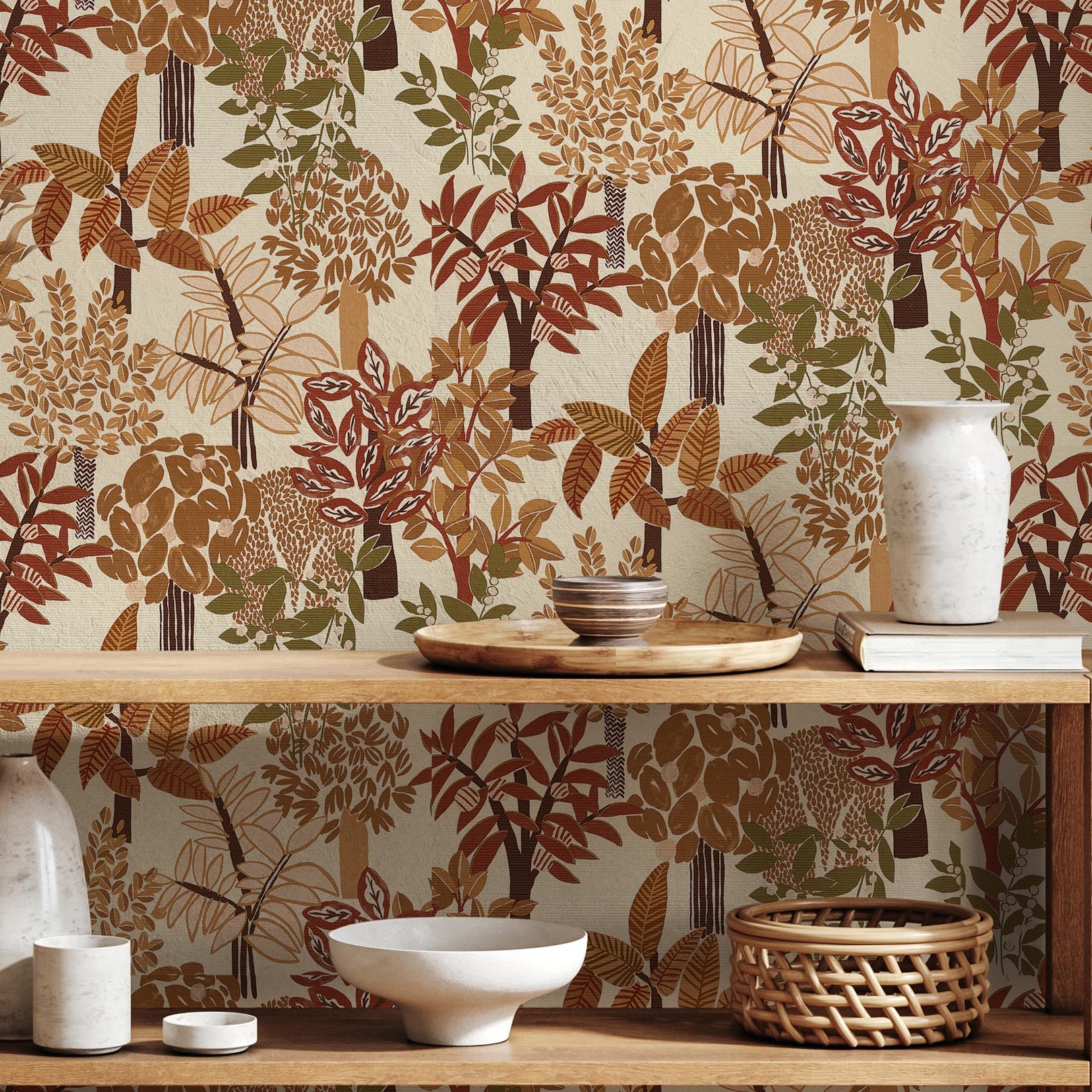 Structural wallpaper with a botanical motif PERADENIYA - WHITE/TERRACOTTA white with terracotta
