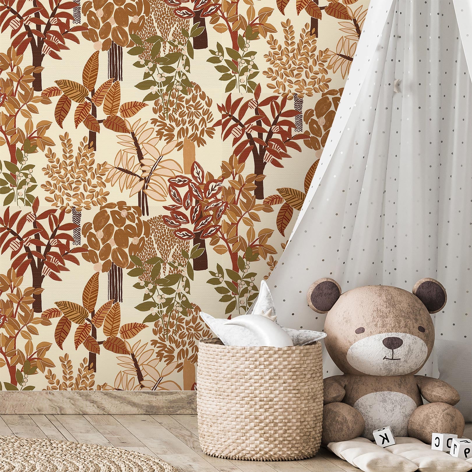 Structural wallpaper with a botanical motif PERADENIYA - WHITE/TERRACOTTA white with terracotta
