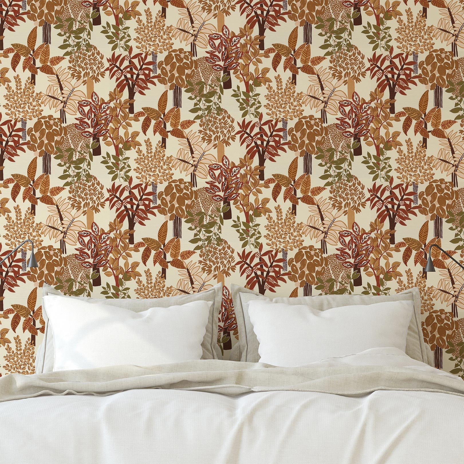 Structural wallpaper with a botanical motif PERADENIYA - WHITE/TERRACOTTA white with terracotta
