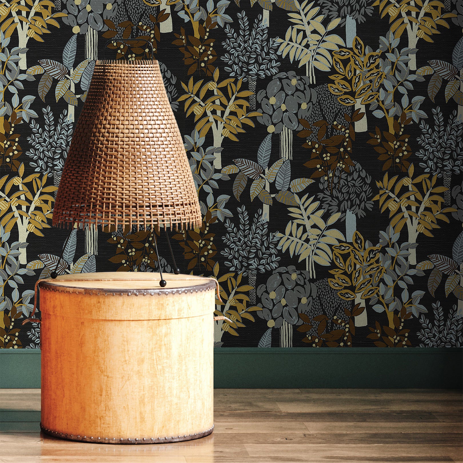 Structural wallpaper with a botanical motif PERADENIYA - NOIR/ACIER black with gray