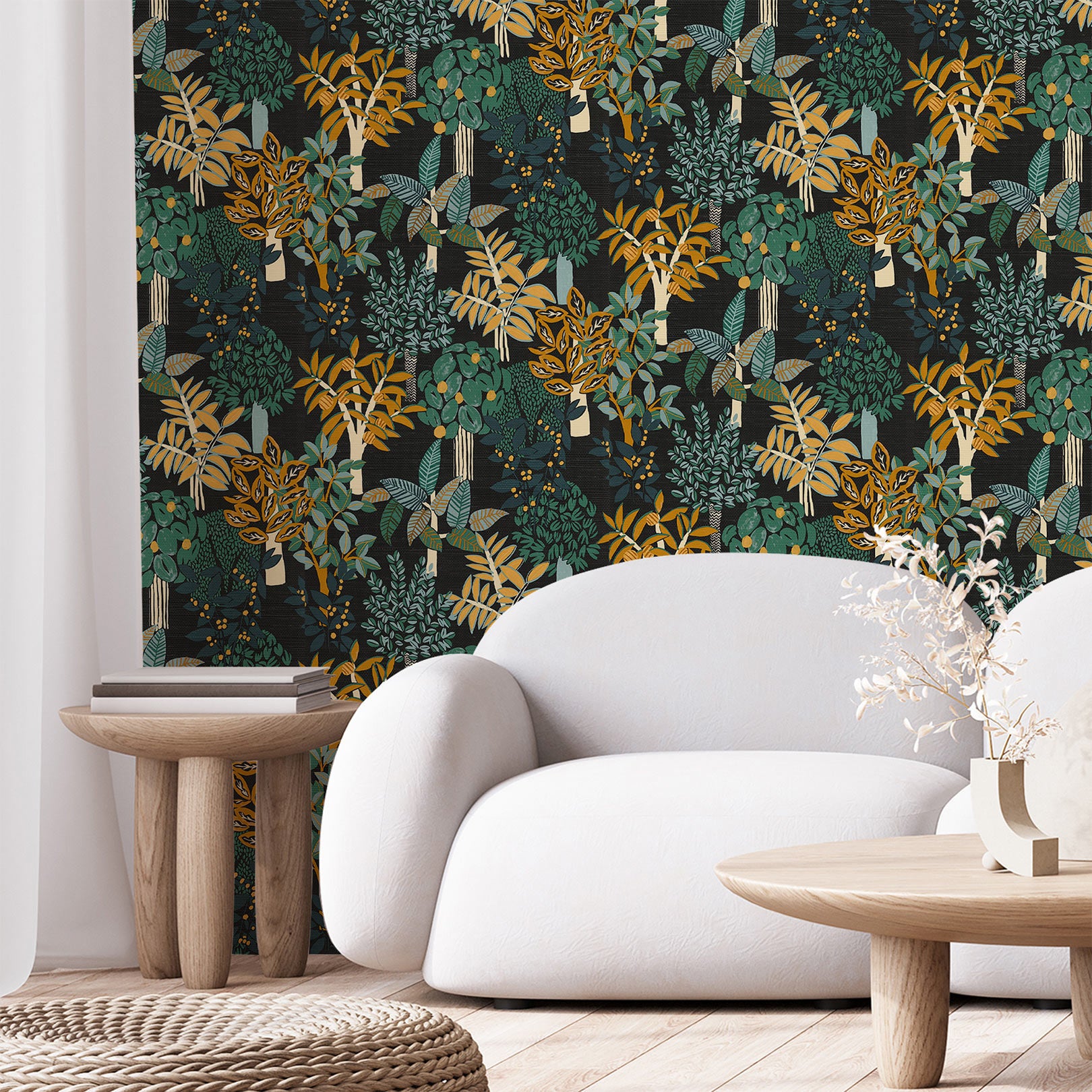 Strukturtapete mit Pflanzenmotiv PERADENIYA - NOIR/MULTICO schwarz mit grün und orange