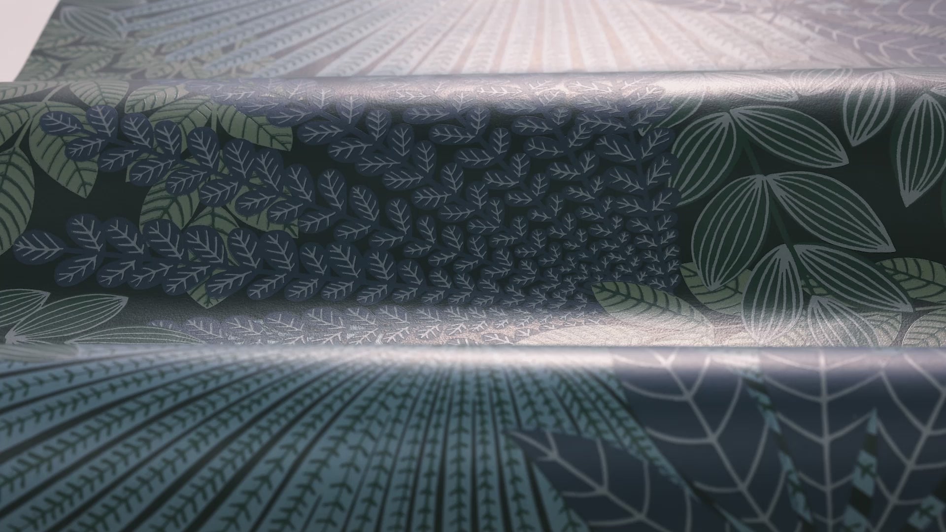 Tapete mit pflanzlichem Motiv VELVET LEAVES in Marineblau mit Grün