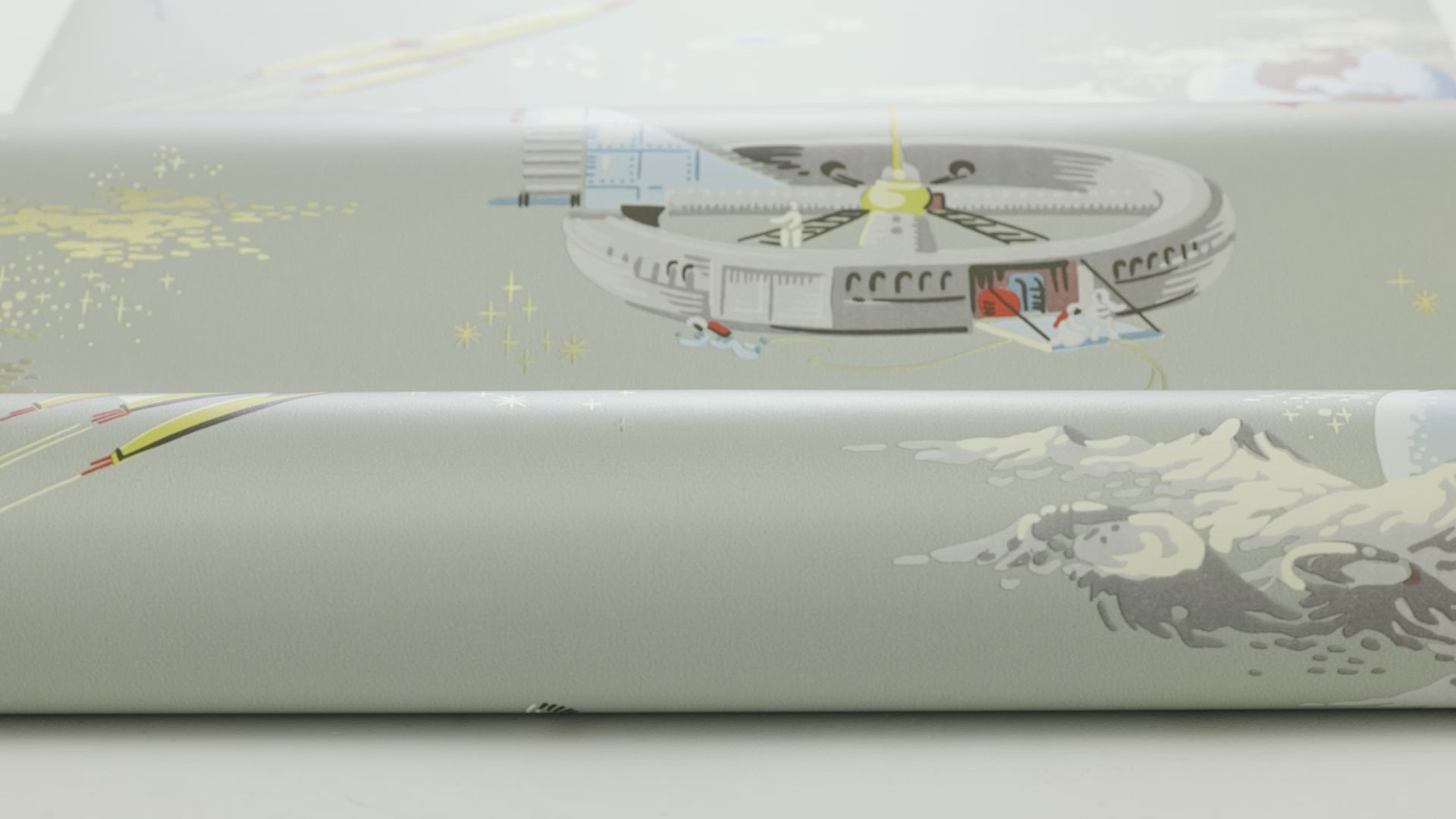 Tapete für Kinder mit dem Motiv Weltraum ABENTEUER in gedämpftem Grün