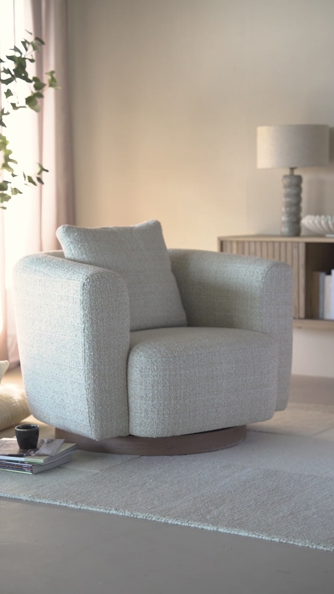 JORDAN beige swivel armchair with wooden base