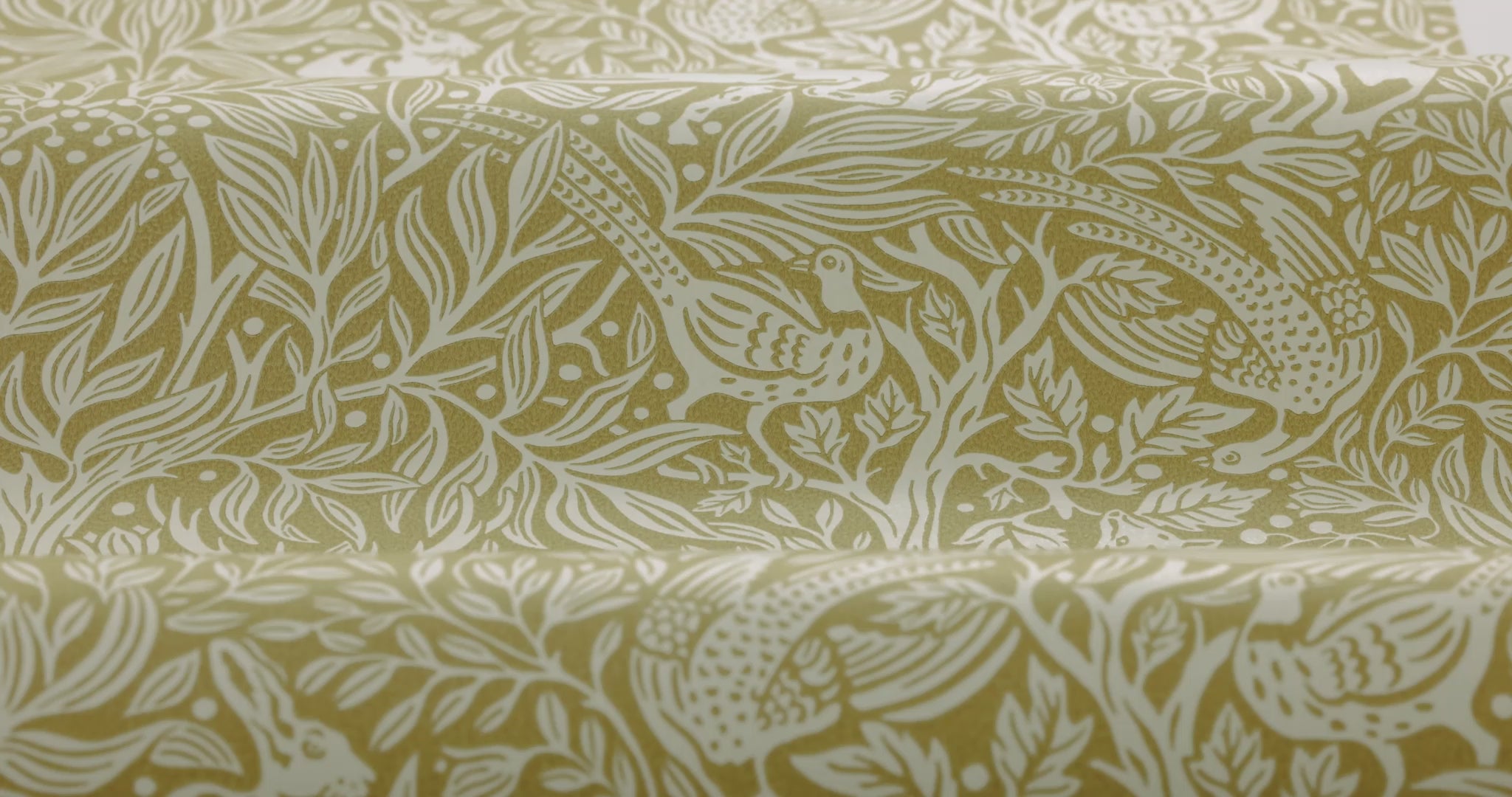 Wallpaper with a botanical pattern and forest theme UNDER THE ELDER TREE yellow with white
