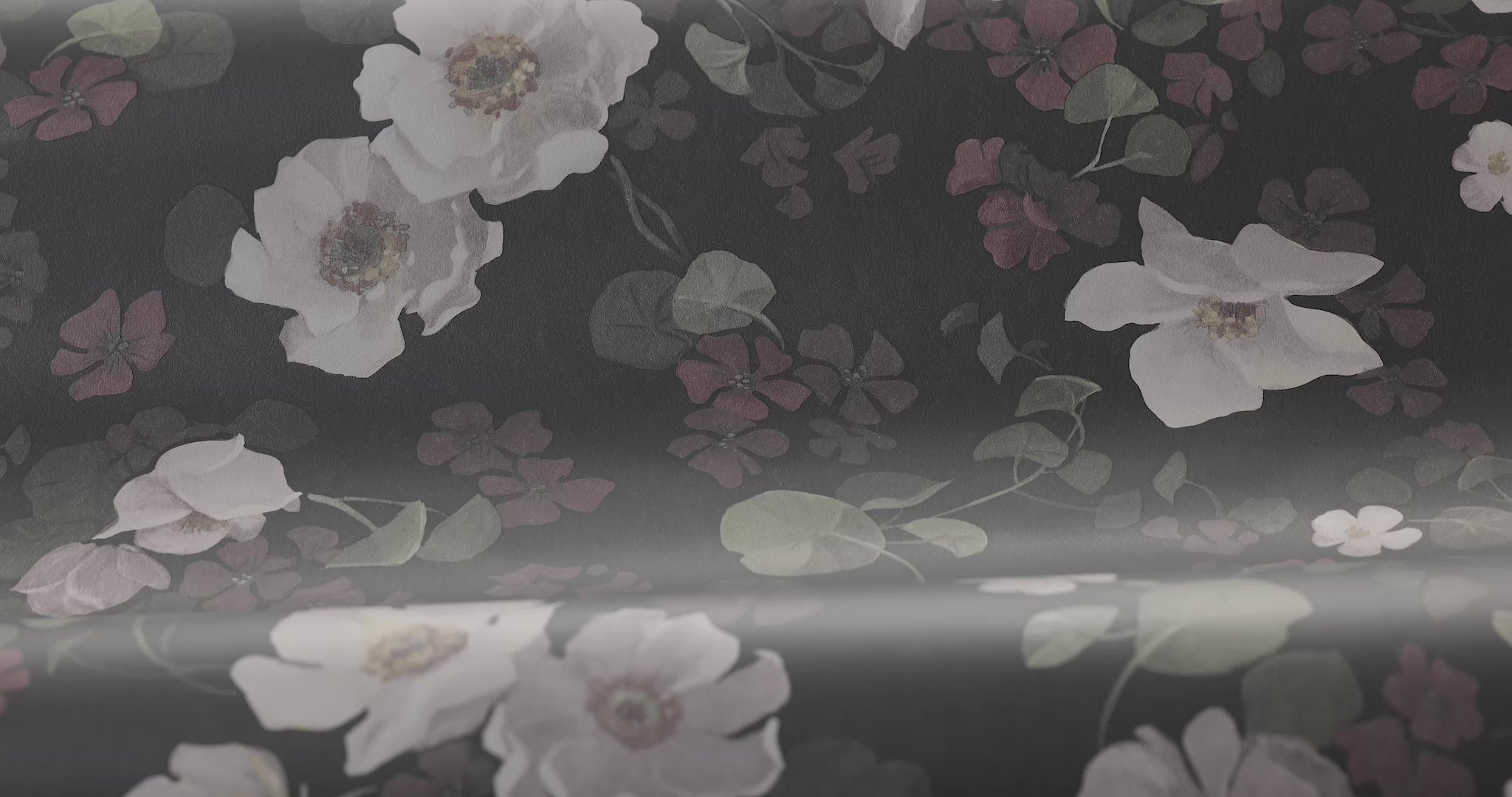 Non-woven paper wallpaper with an enchanting flower pattern in muted brown and white