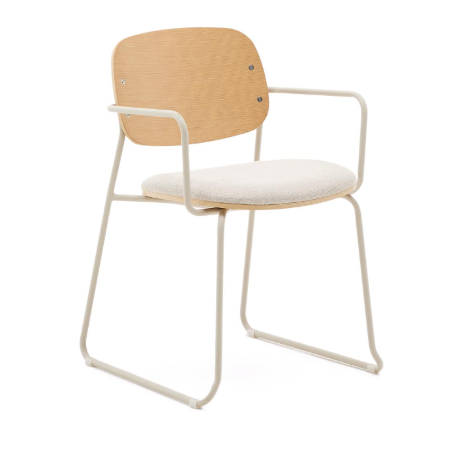 A chair of mela, poplar plywood with a beige szenil seat