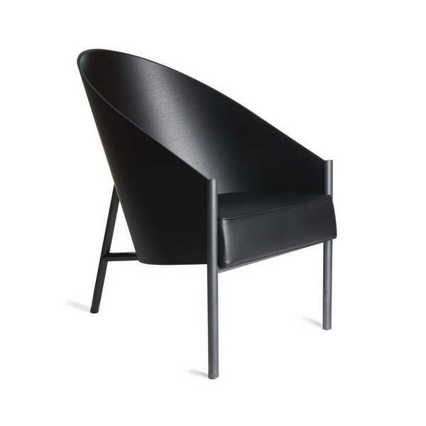 Pratfall armchair black leather with a steel base