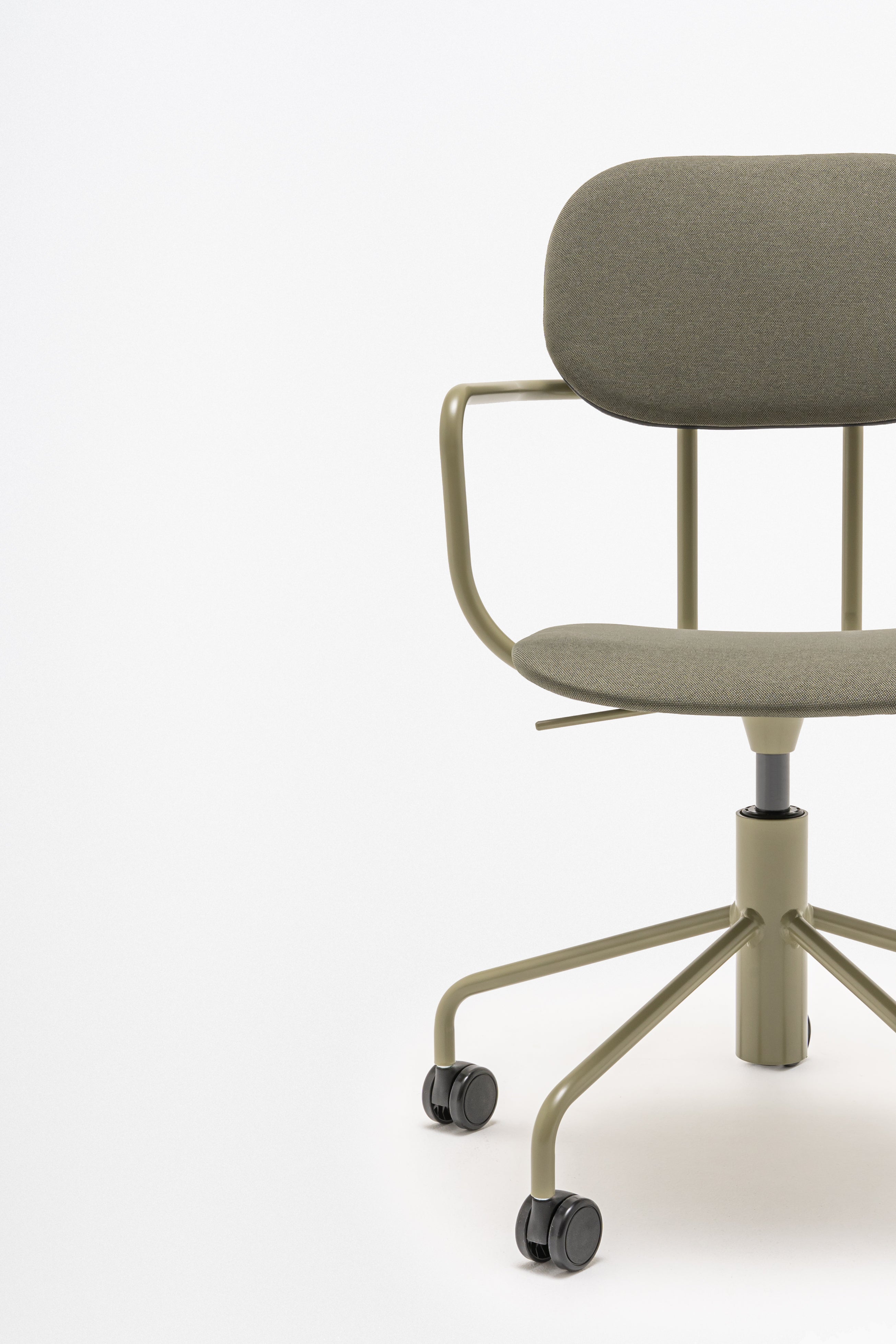 Office chair with adjustable new school base upholstered with wheels to the soft surface