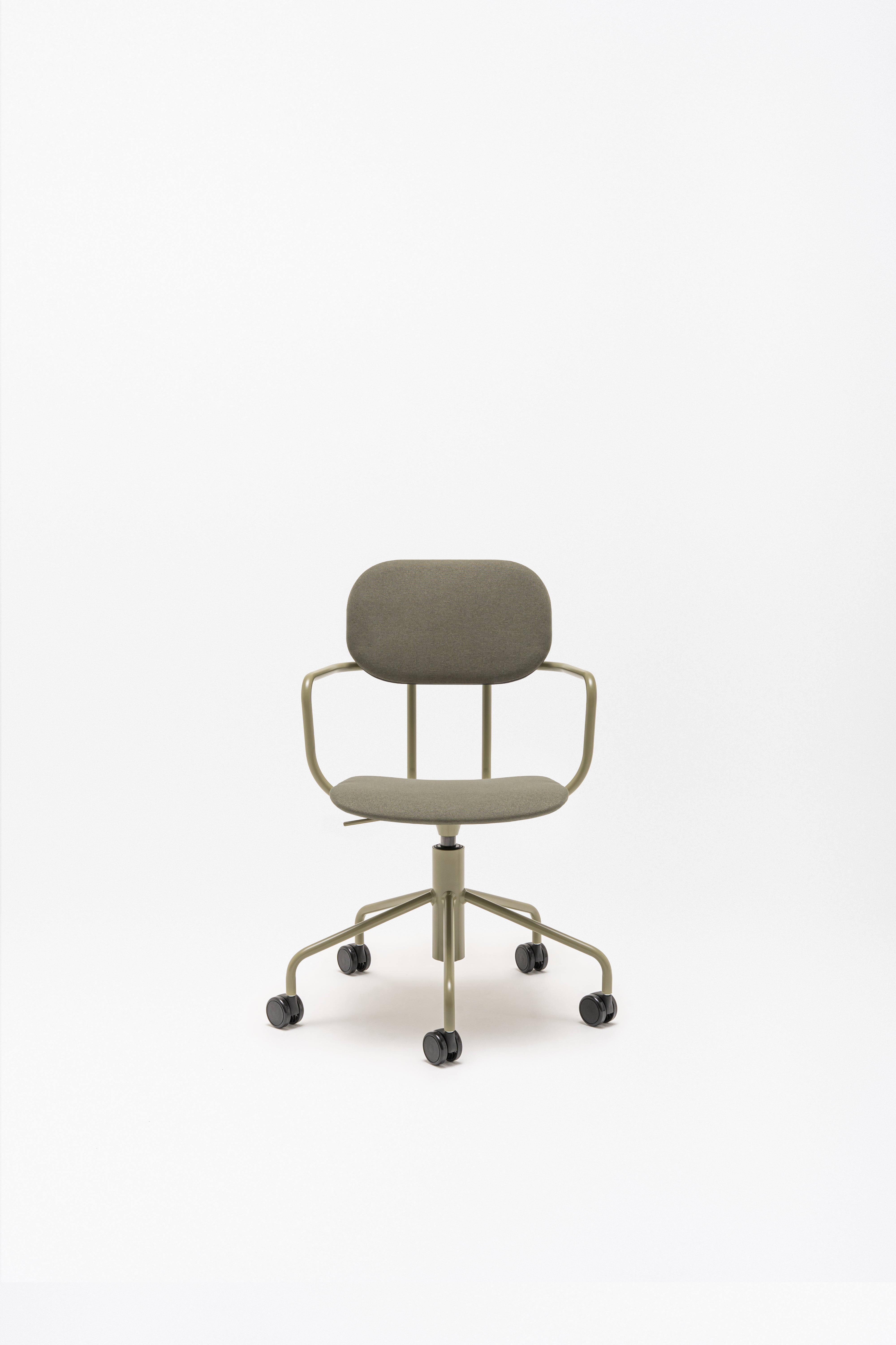 Office chair with adjustable new school base upholstered with wheels to the soft surface